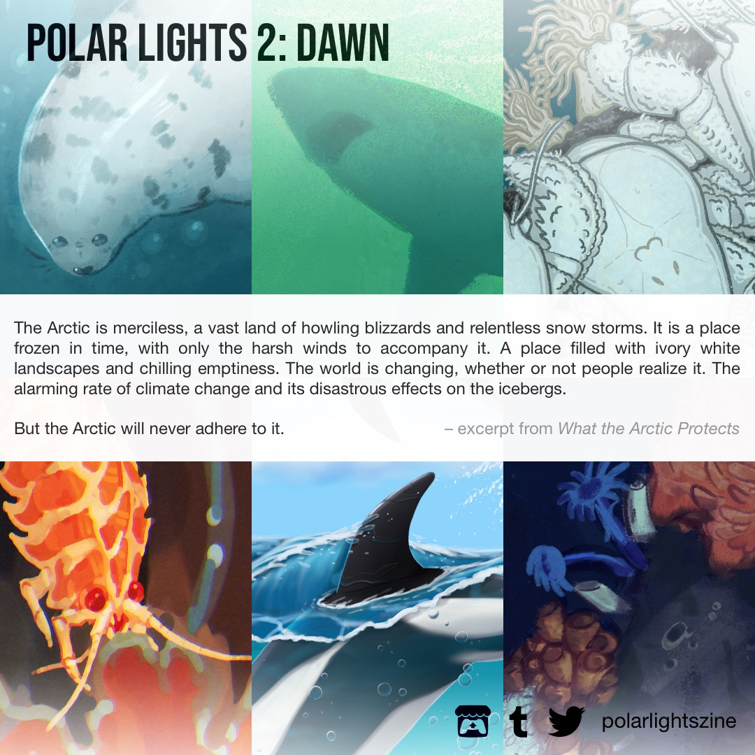 Previews from the PDF collection. At the top left is the title Polar Lights 2: Dawn. Art crops include a harp seal, salmon shark, yeti crab, Antarctic amphipod, hourglass dolphin, and deep sea sponges. On the bottom right are the Itch.io, Tumblr, and Twitter logos followed by "polarlightszine". A writing snippet intersecting the middle reads:

The Arctic is merciless, a vast land of howling blizzards and relentless snow storms. It is a place frozen in time, with only the harsh winds to accompany it. A place filled with ivory white landscapes and chilling emptiness. The world is changing, whether or not people realize it. The alarming rate of climate change and its disastrous effects on the icebergs.

But the Arctic will never adhere to it. - excerpt from What the Arctic Protects