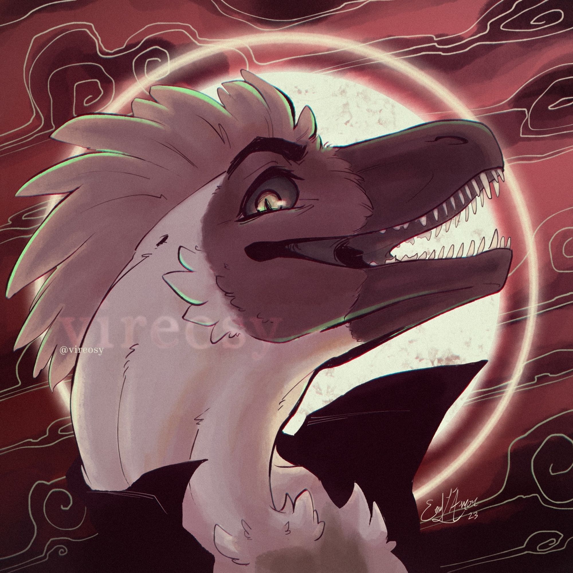 Icon of the artist's sona, an avian anthro but drawn more dinosaur like, backlit by a moon in a red sky. A halo frames their head and their shirt collar whips in the wind. Green highlights tinge the edges of the figure.