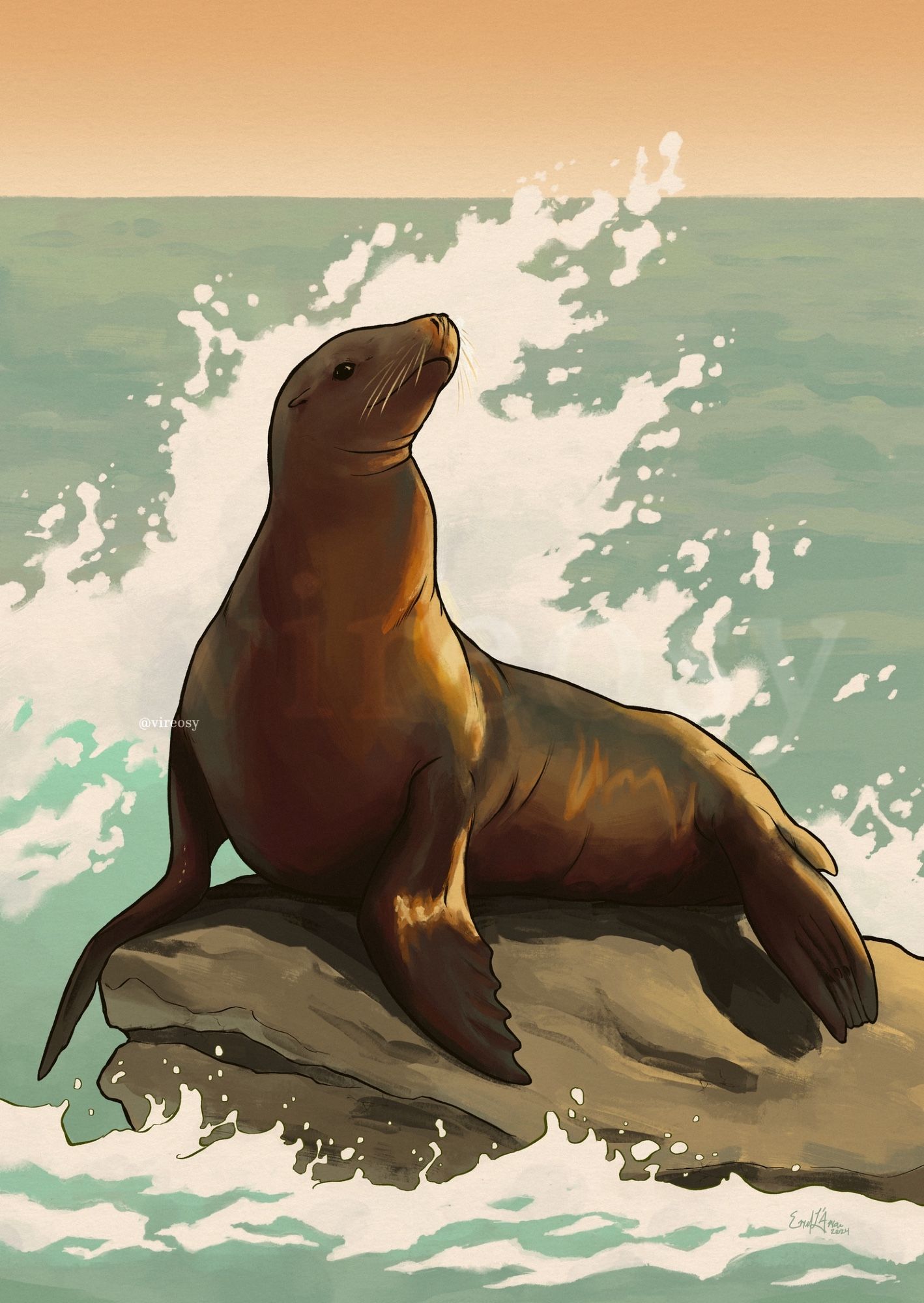 A California sea lion rendered in rich brown and orange tones rests upon a rock in teal shore waters below a softly glowing orange sky. Its slender head is raised to look over its back and to the right while a large crest of white sea foam frames its figure.