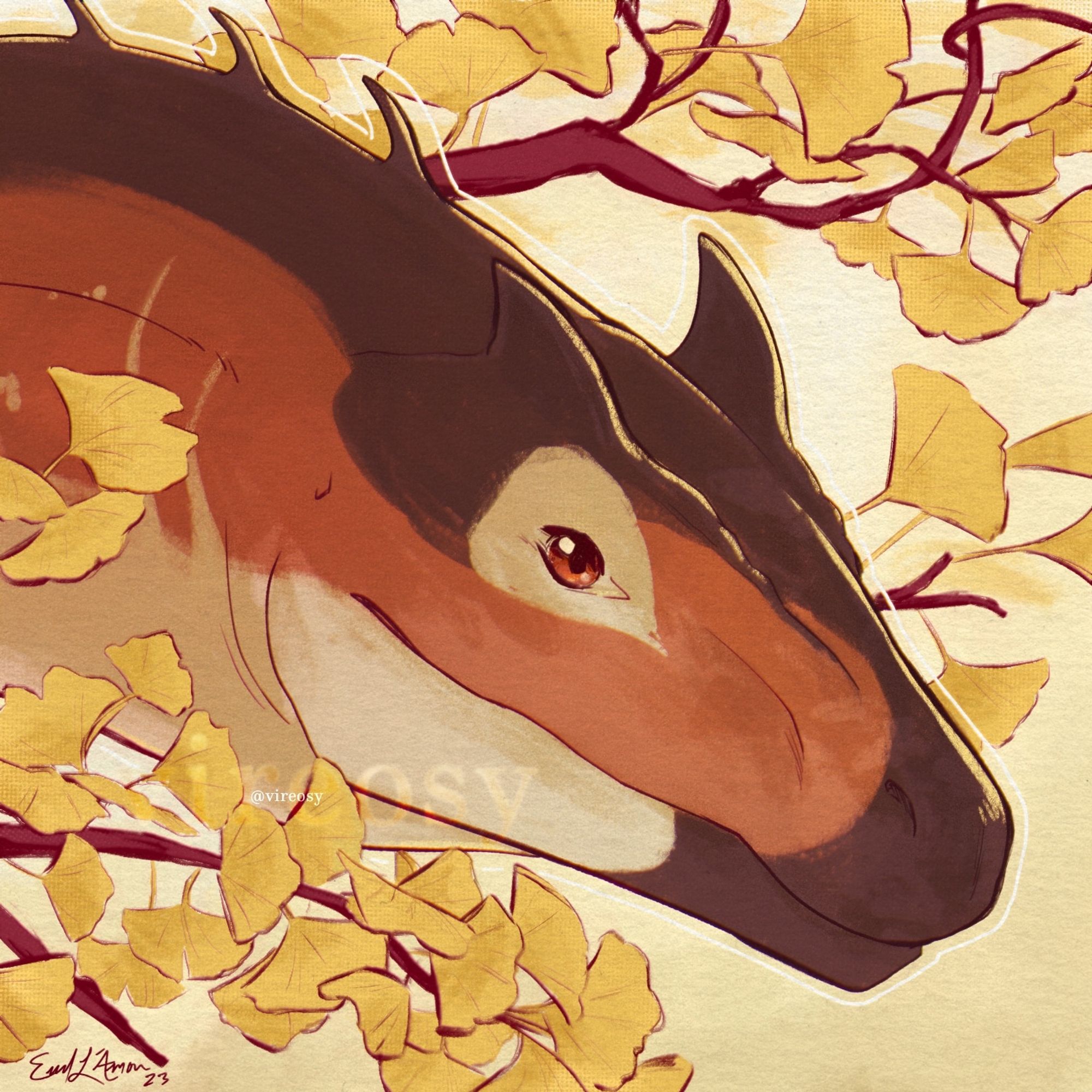 Icon drawn for ArtFight of a brown and cream allosaurus character surrounded by branches of yellow gingko leaves. Pale yellow highlights tinge the edges of the character.