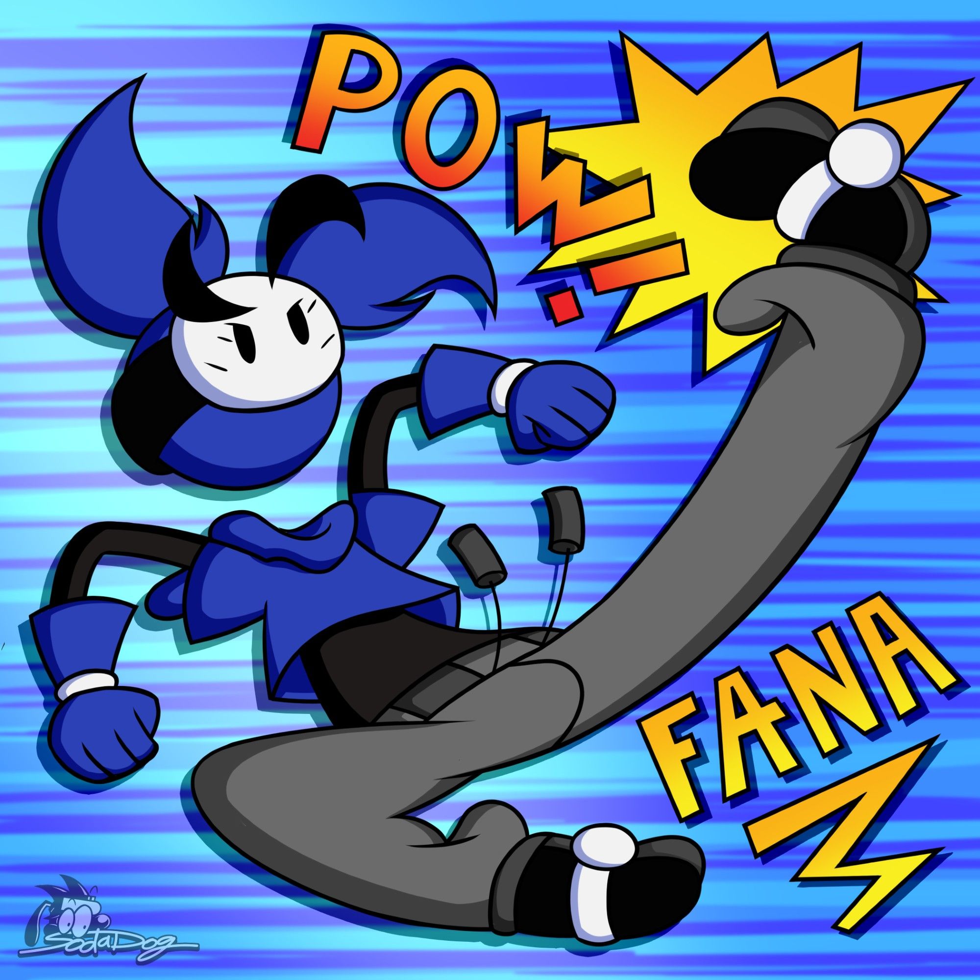 Fana doing a karate kick in the cartooniest way possible.