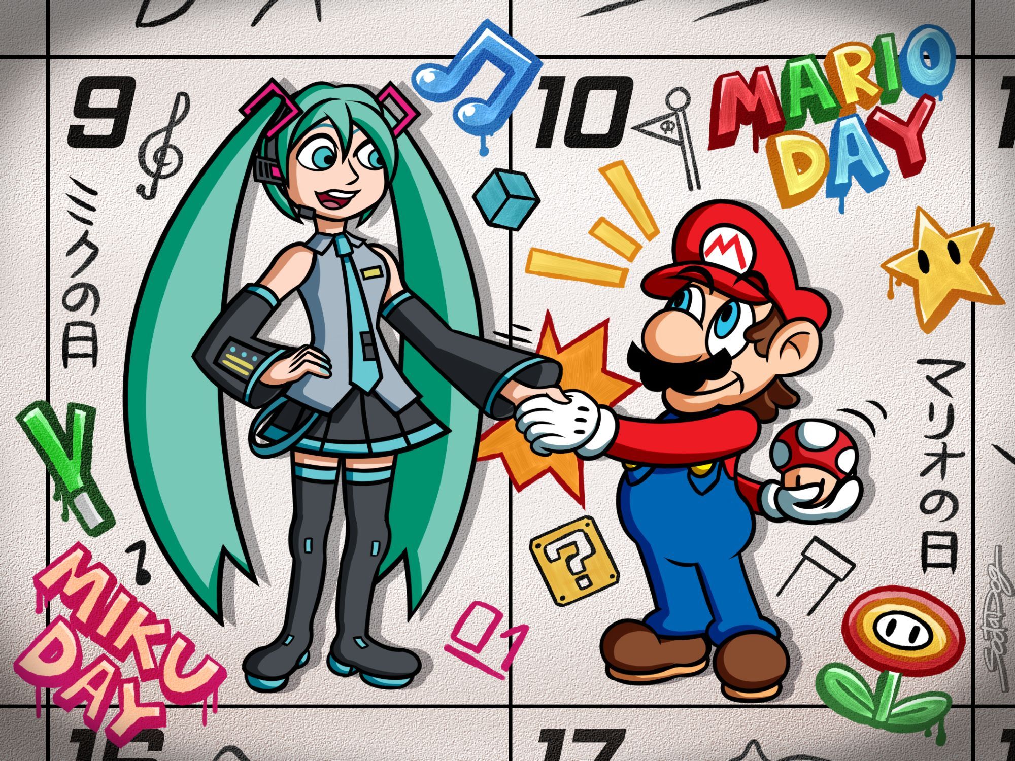 Mario and Miku. Legends, shaking hands with each other.