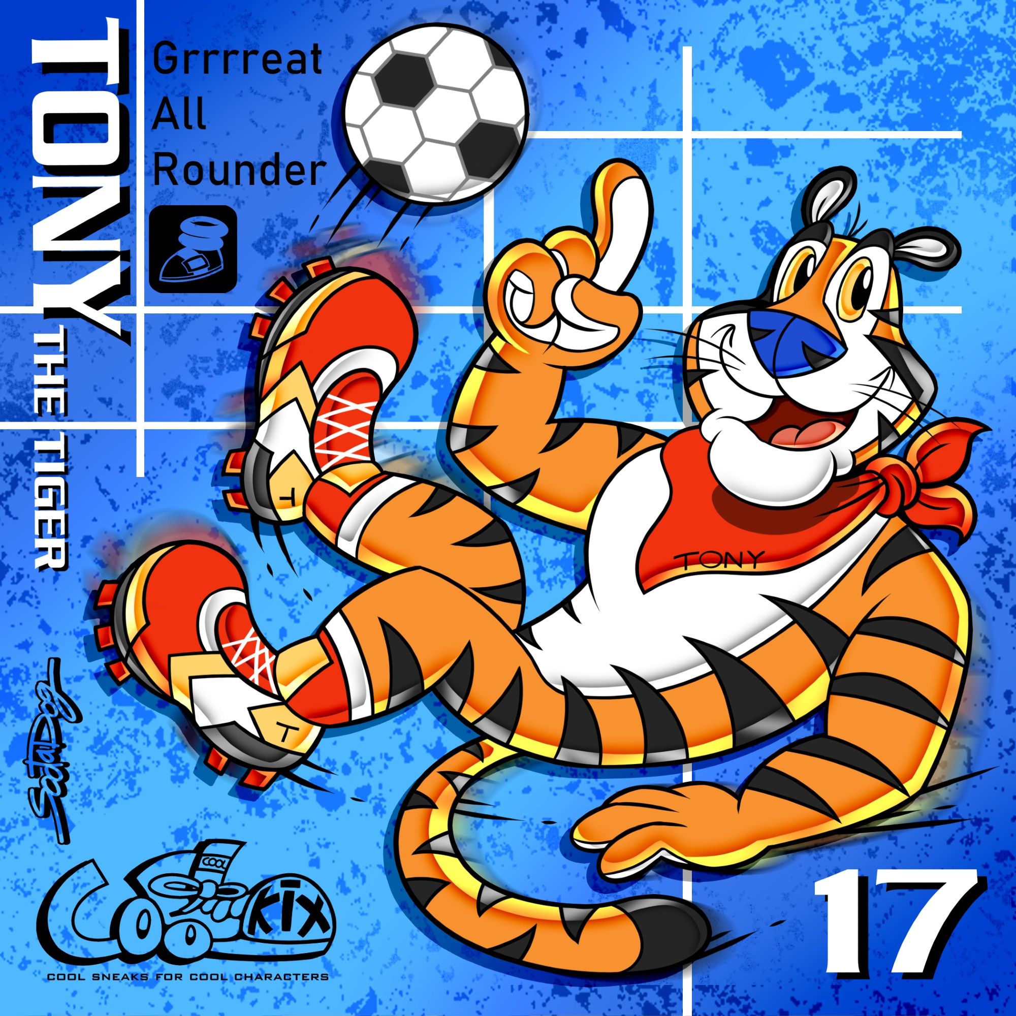 Tony the Tiger wearing Kix themed after soccer.