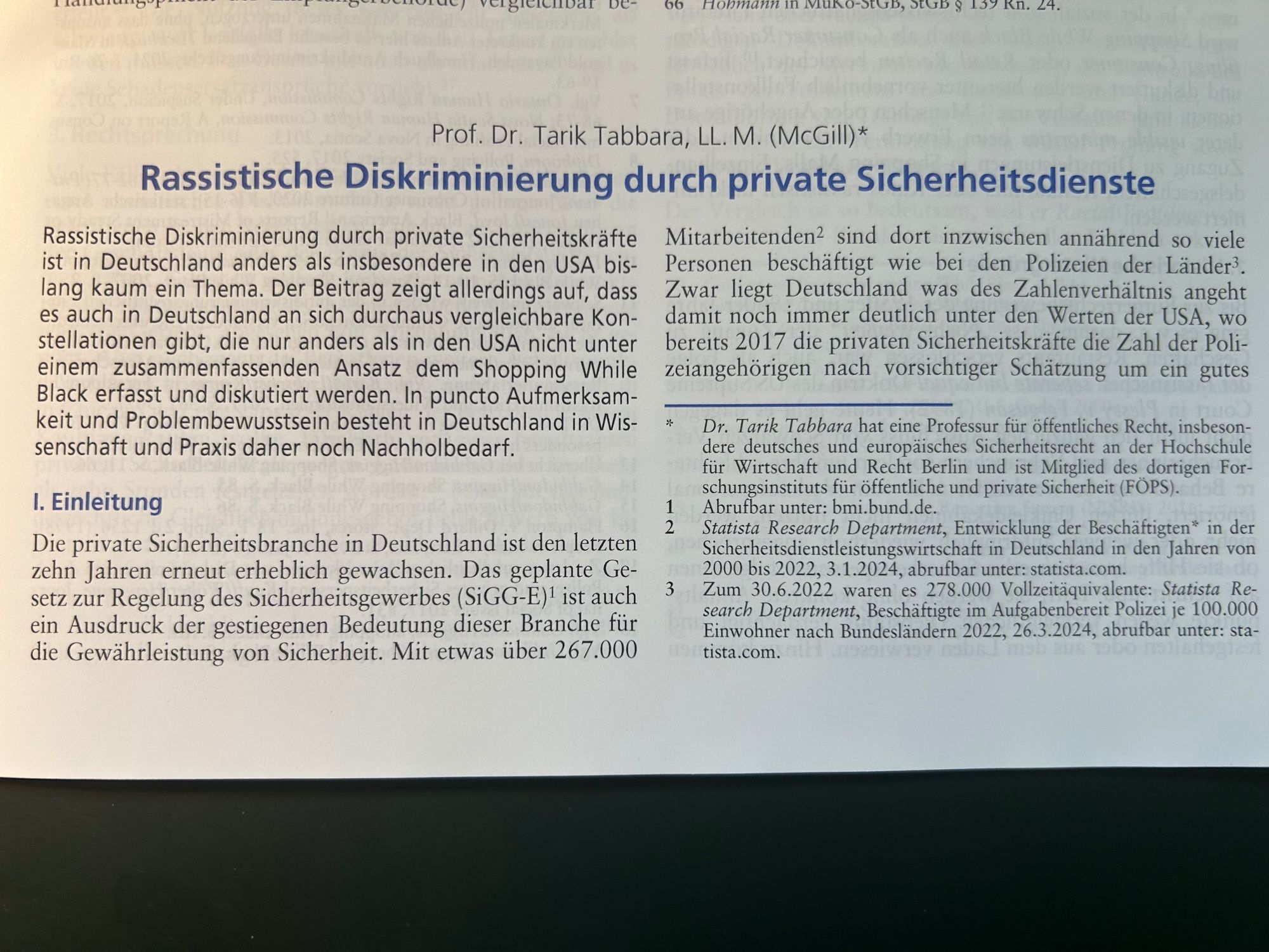 Erste Seite des Beitrags "Rassistische Diskriminierung durch private Sicherheitsdienste" von Tarik Tabbara in der GSZ 2024, S. 179.