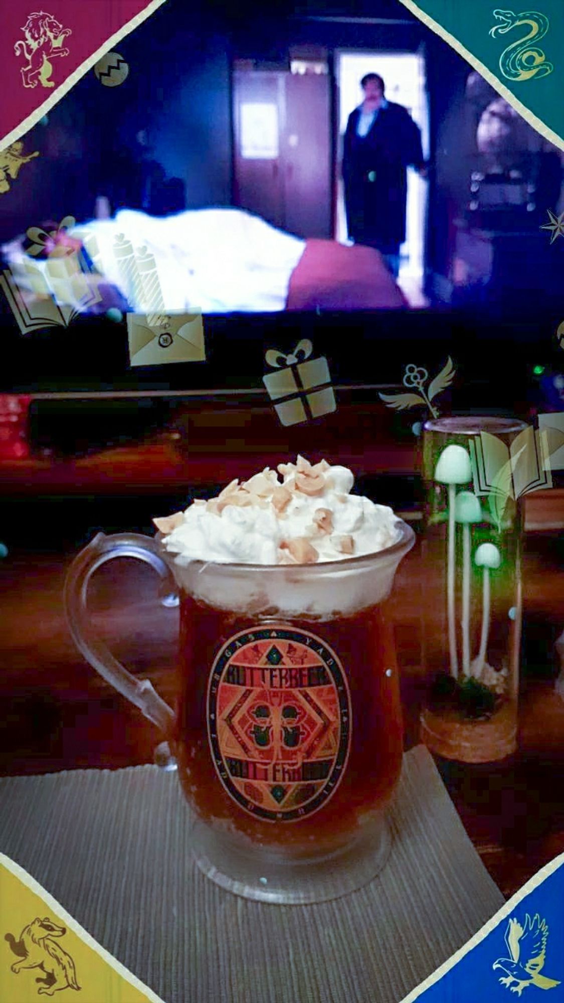 Homemade Butterbeer with chopped nuts as topping.