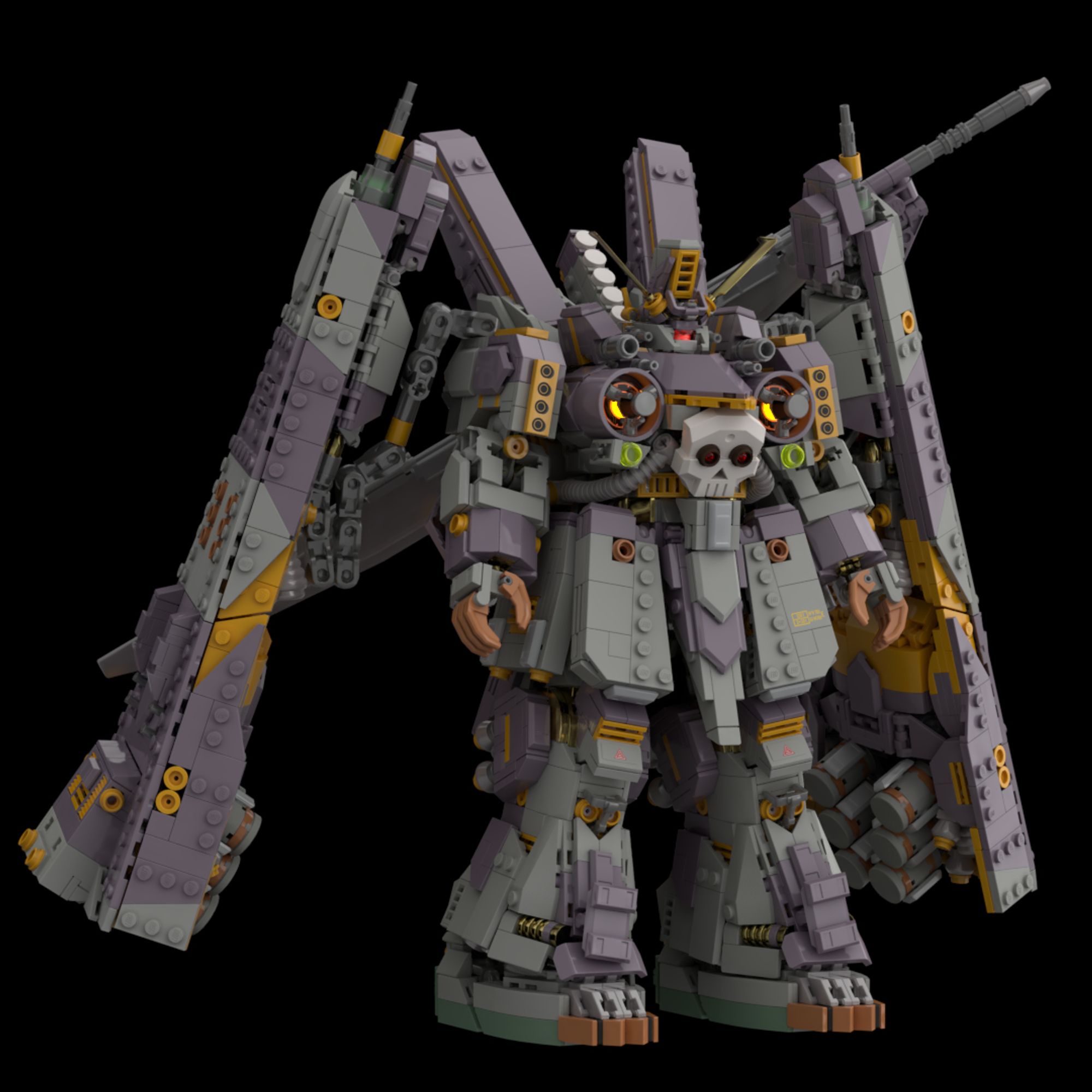 A Lego Model Render of a Purple-gray Mobile Suit, with the center chest adorned with a stylised Skull symbol. It has two small wings on its torso, and a pair of large, Triangular Wing Binders on either shoulder. On the back, it carries an oversized sword. Several Details such as vents or weapons are picked out in various shades of Orange and Yellow.