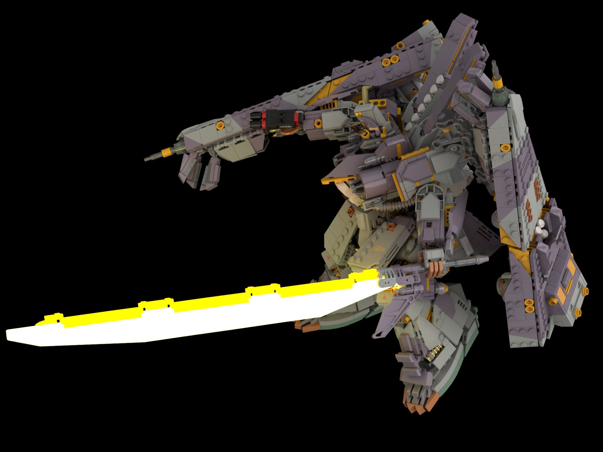 The Same Purpe-Gray Mecha in an action pose, with the Large Blade, now Ignited, in its left hand, held down, while the right is outstretched, holding a small double barrel handgun. One of the Wing Binders is bertical against its back, while the other is Horizontal, following the line of the right arm. Both Showcase a cannon and a set of four large Claw-Fingers on their pointed end.