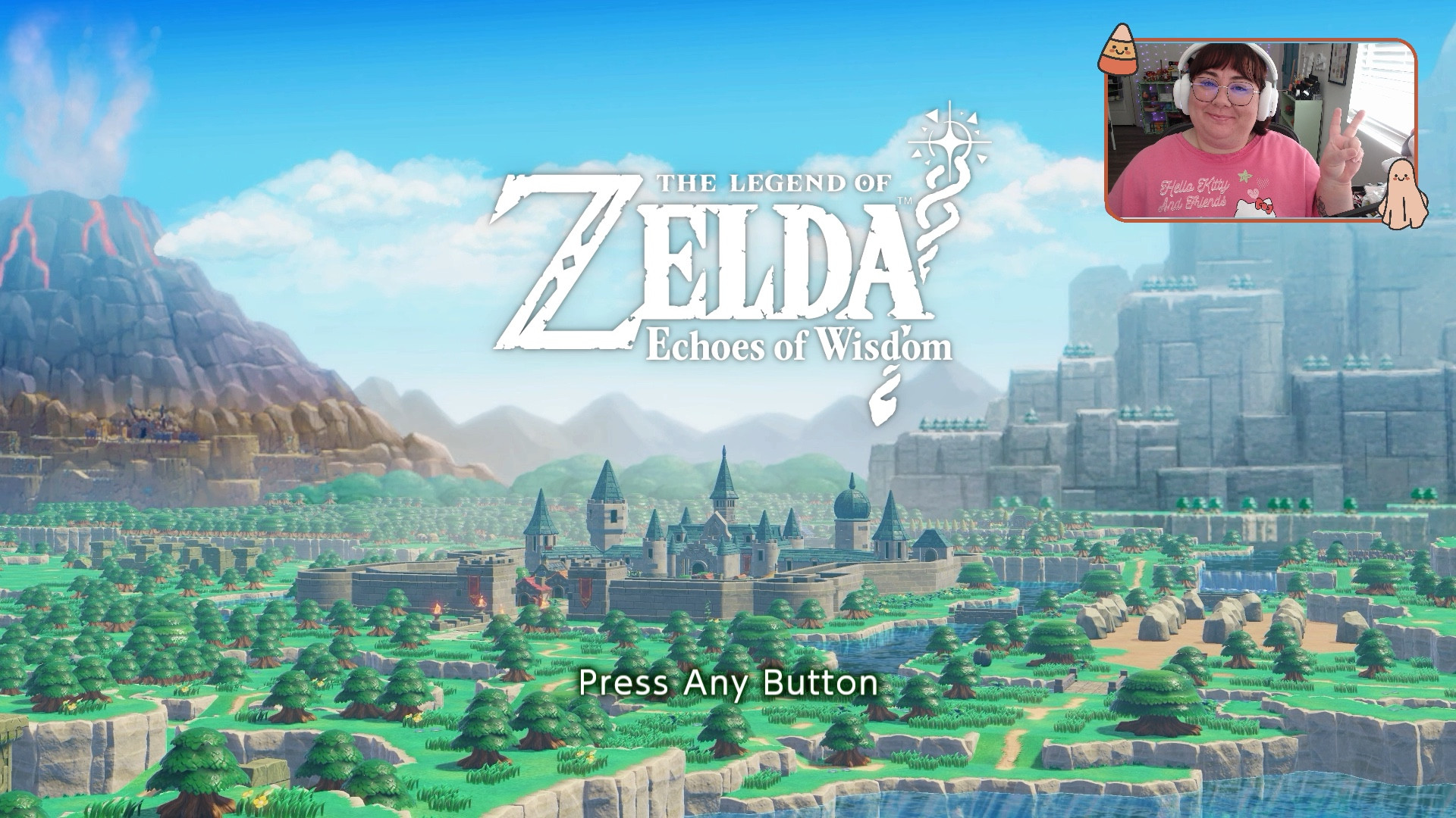 Screenshot of The Legend of Zelda: Echoes of Wisdom starting screen with Katelyn in the top right corner holding up a peace sign 