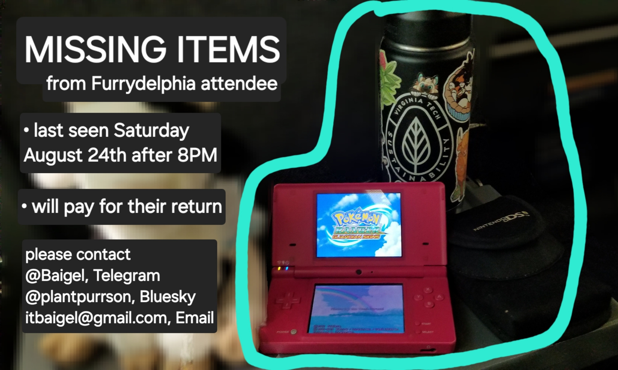 Missing Items from Furrydelphia attendee. The items in the photo are a pink Nintendo DSi with a basic black neoprene case, and a black water bottle with a white decal that says Virginia Tech Sustainability with a leaf. There are stickers on it with cats and plants.
