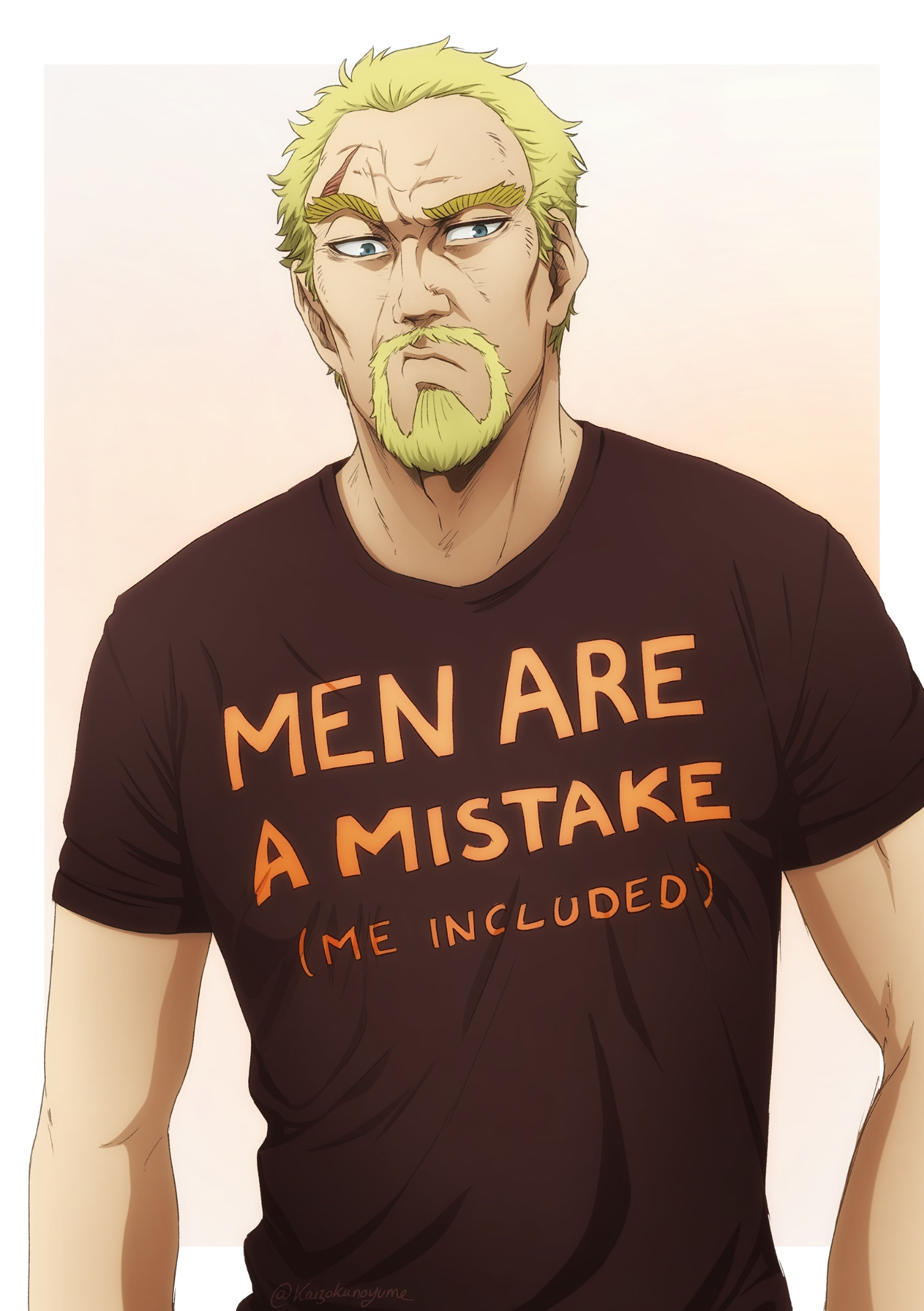 Vinland Saga fanart Askeladd wearing a shirt saying "men are a mistake (me included)"