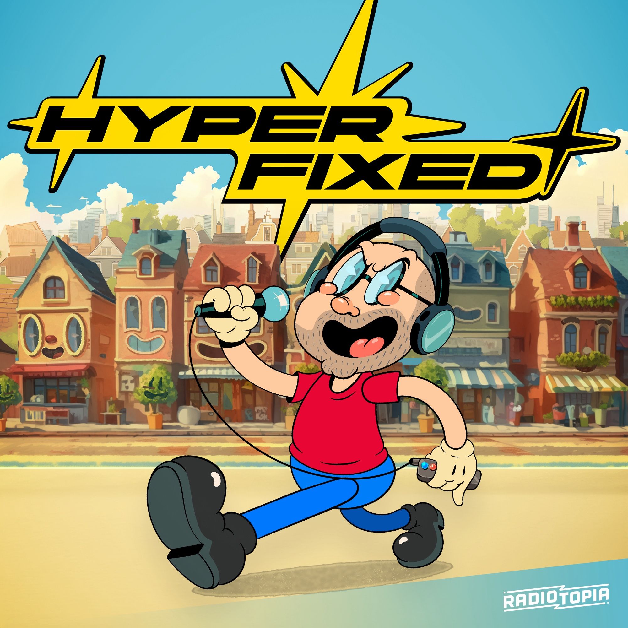 Hyperfixed podcast logo of a cartoon Alex walking down a street full of smiling houses