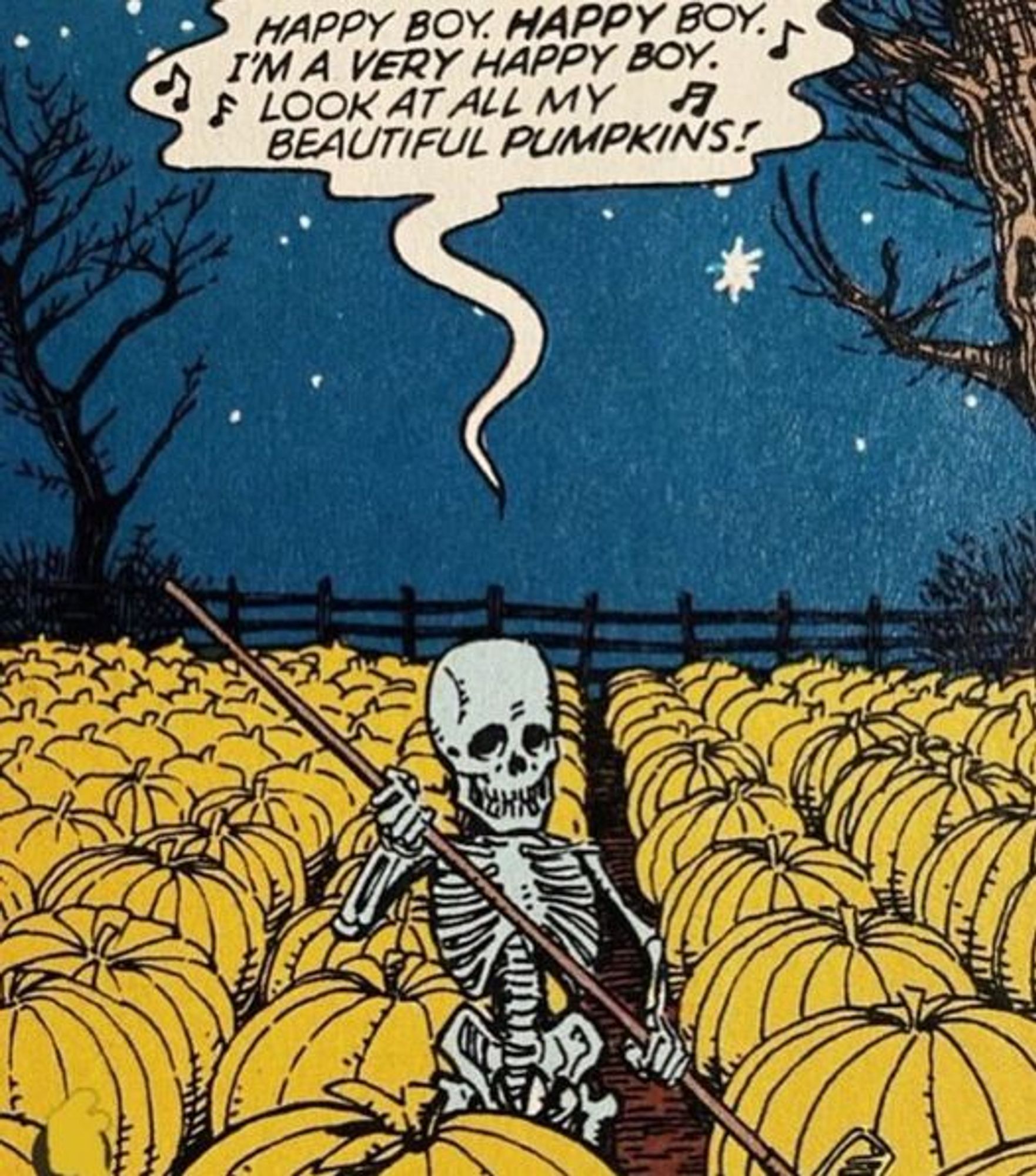 Happy Skeleton Boy tending his gourds in GUMBY'S SUMMER FUN SPECIAL #1, a masterpiece of spooky absurdist wit that manages to hit like Lynch.