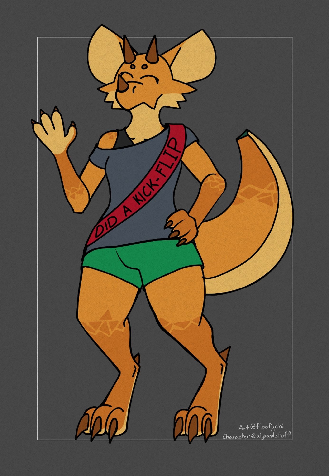 Kobold Alyx standing proudly for photo wearing a red sash that states “did a kickflip”