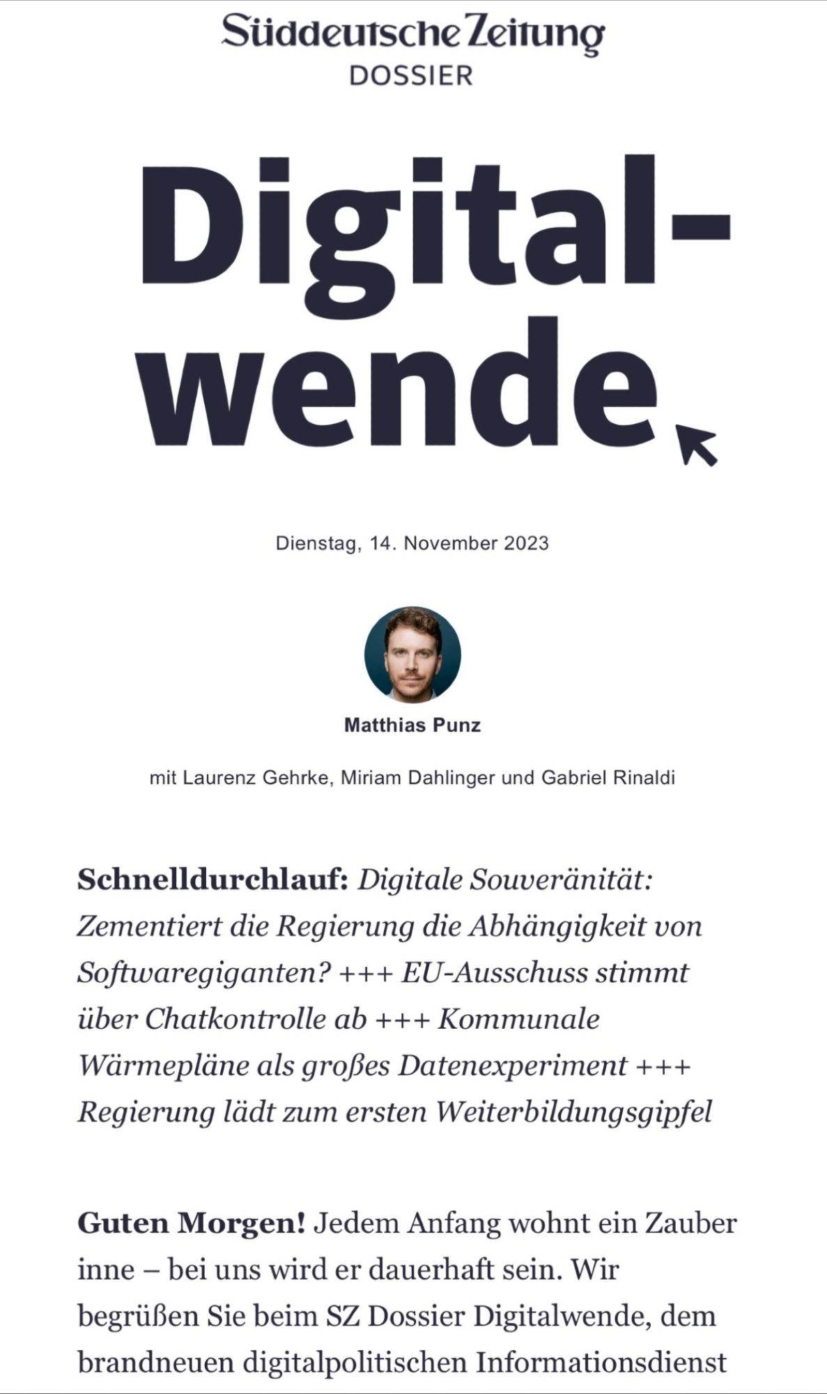 Screenshot des Newsletters SZ Dossier Digitalwende