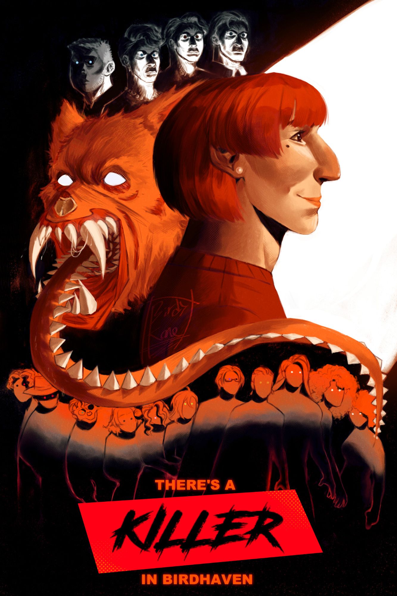 Illustration poster of my second 'THERE'S A KILLER IN BIRDHAVEN' monsterhearts campaign. In the center, a person bathed in light looks to the right with a smile on the right, while a beast with teeth on its tongue is surrounded in darkness with its tongue out. Above them, four ominous busts gaze ahead. Below them, ten figures look ahead.