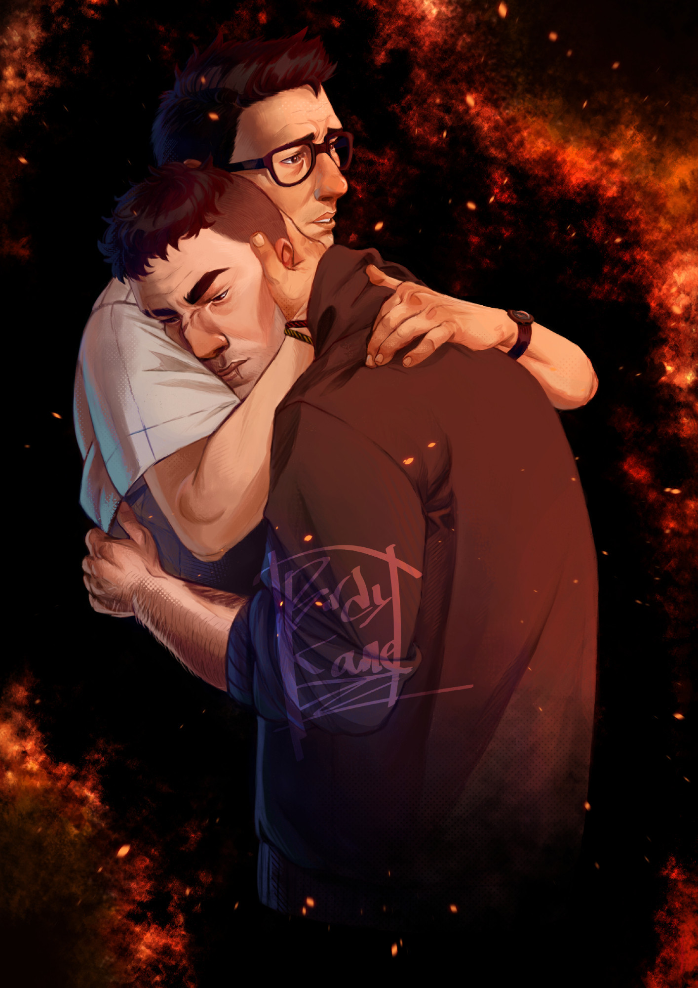 Dwight and David from dbd, holding one another while surrounded by fiery embers.