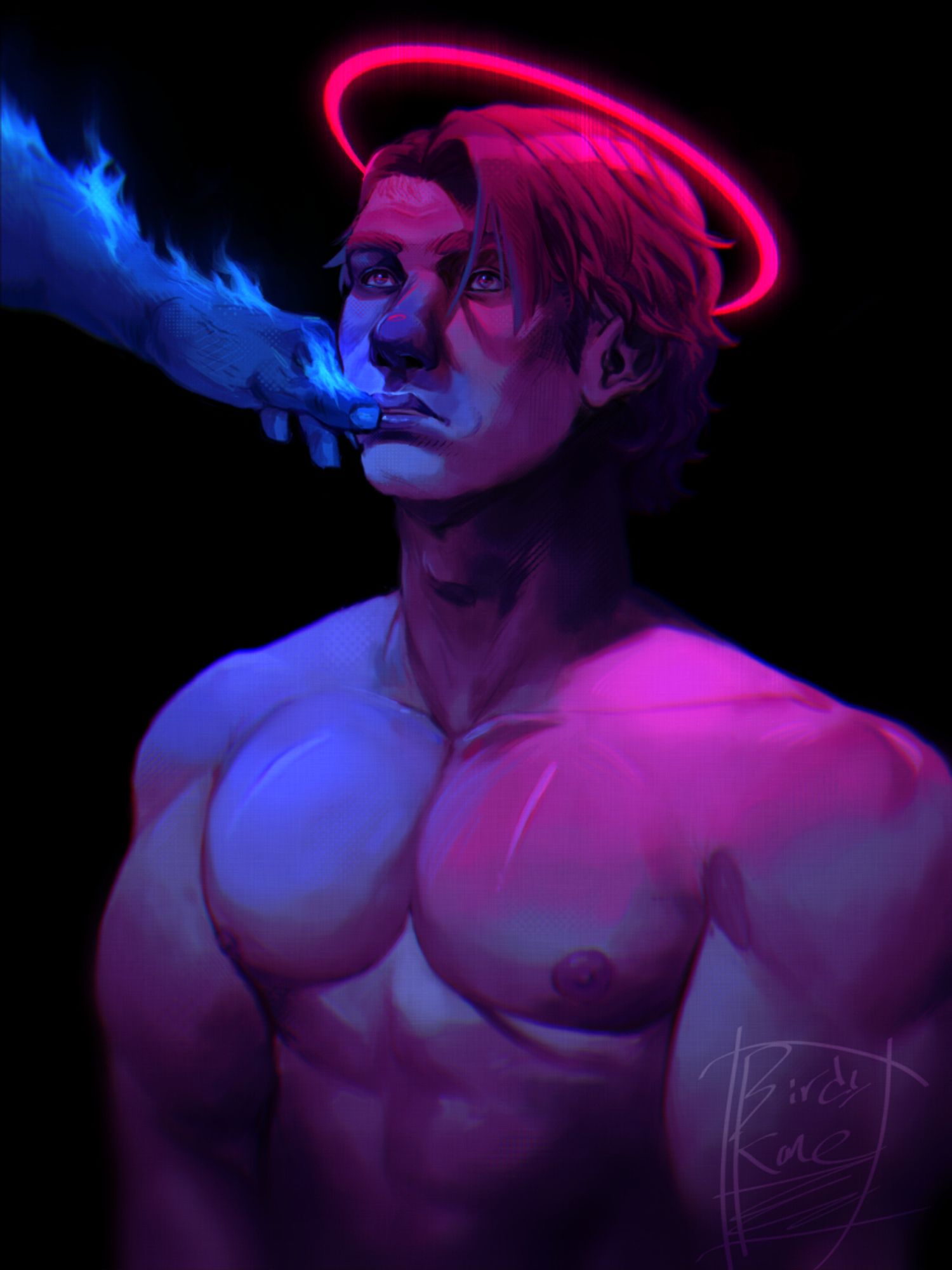 My Monsterhearts oc, Alexander, in a purple hue looking upwards while shirtless. He has a hot pink halo above him casting pink light on him, signifying him not only being raised in a religious environment, but his forced attraction to *only* like girls. He is being touched by a fiery blue hand, belonging to @bent6s's incubus character named Mason, signifying his existence/touch opened Alexander's eyes to his sexuality.