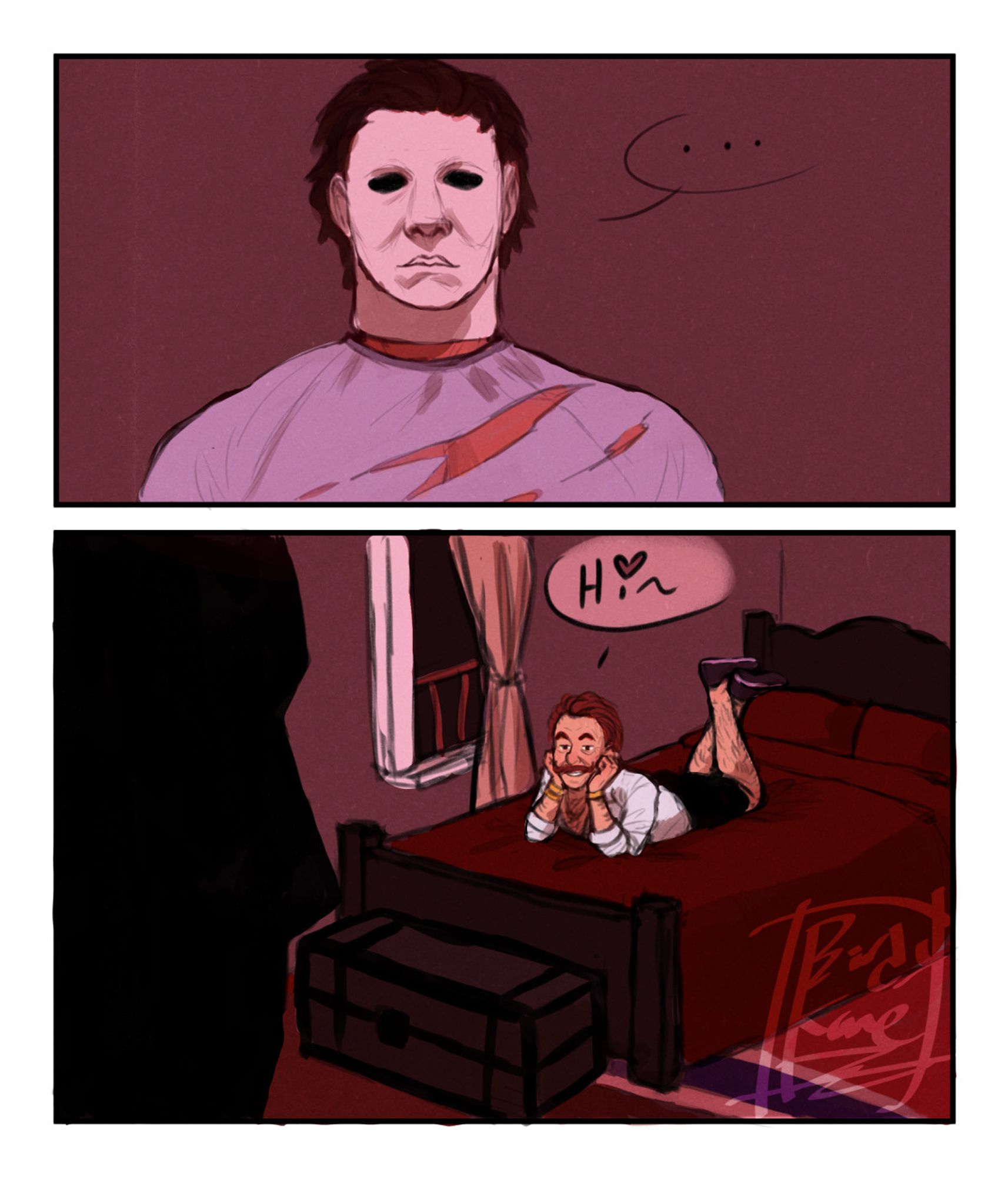 Two-panel comic. Michael Myers is in the first one, staring ahead... The second one is Ace Visconti from dbd on a bed, laying on his stomach, hands resting on his cheeks, while being flirty and saying "hi~"