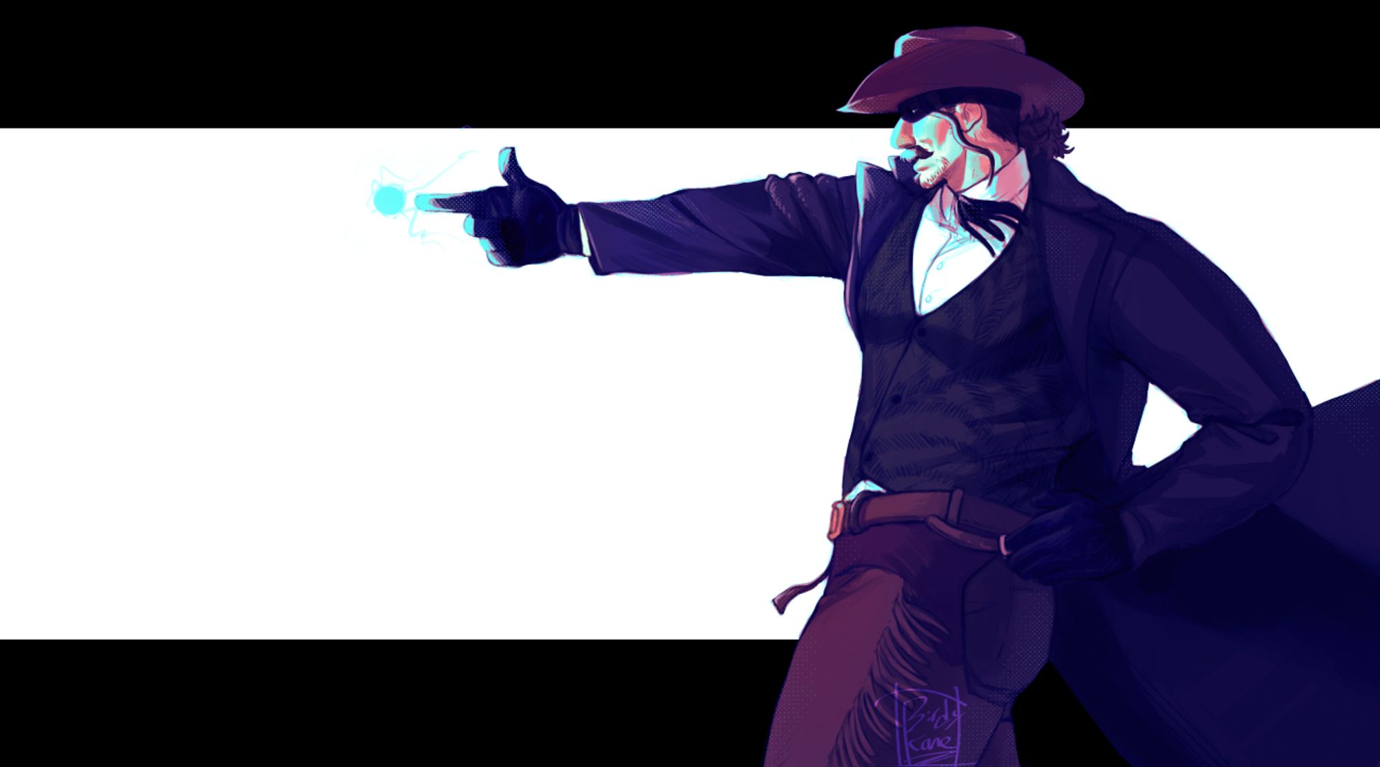 my dnd oc, John Johnson Wick, finger-gunning with an electric blue orb at his fingertip.