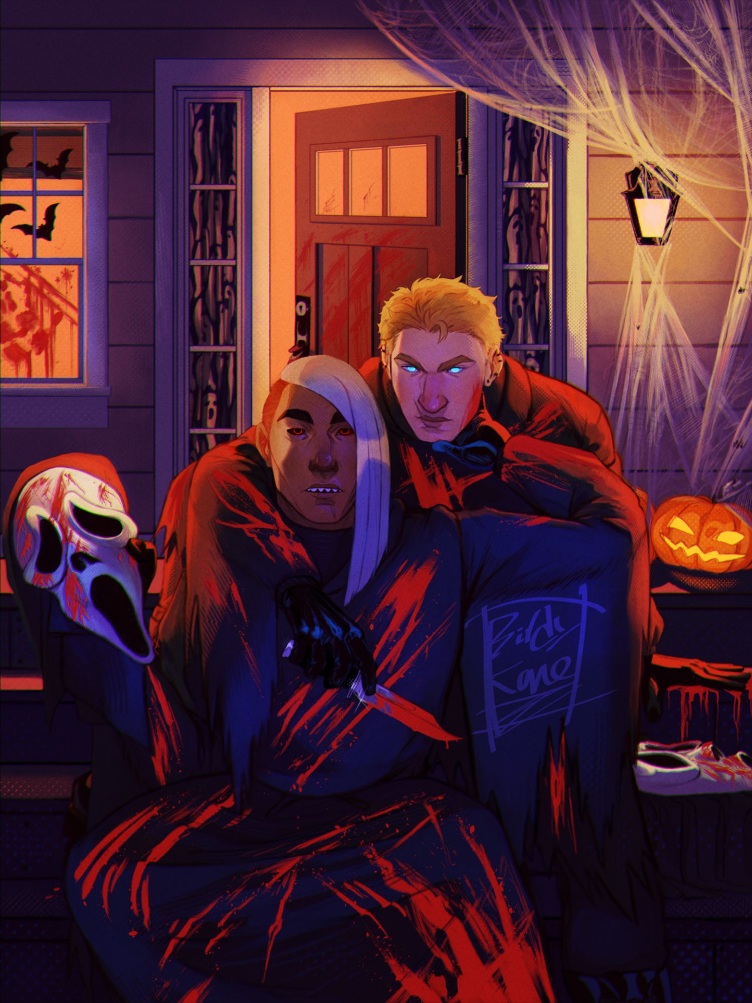 Mine and my friend's (indisitu) butch ocs. Sey (Indi's) is sitting on a lower step than Nyx (Mine), while Nyx has an arm draped over Sey's shoulder while holding a knife. Sey has one hand going to Nyx's chin, and the other is holding a Ghostface mask. Behind the two is the entrance of a home in halloween decor, where you assume they committed murder based on the bloody handprint + blood splatter on the door and their persons.