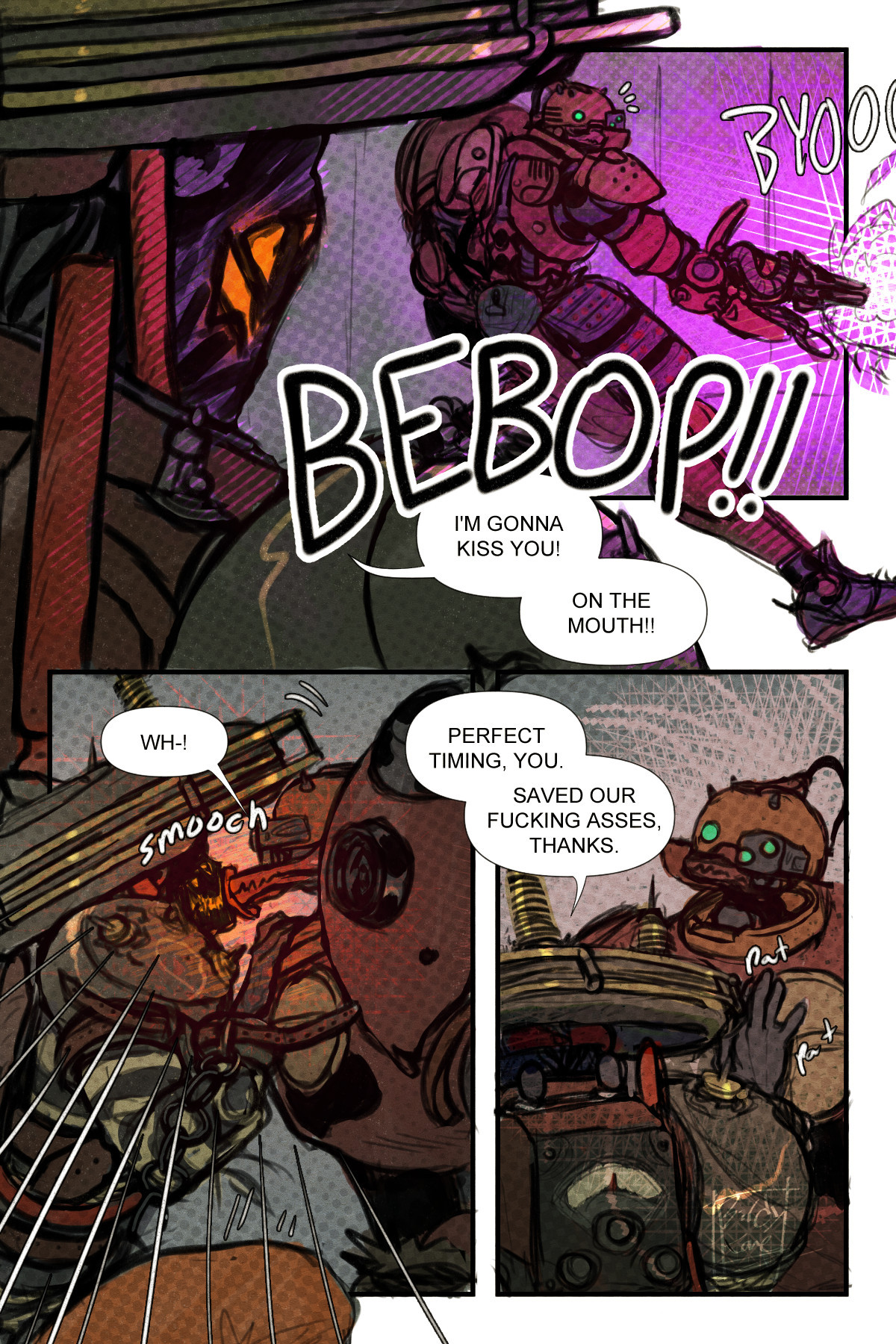 Page 1 of a Deadlock fancomic, where Seven yells "BEBOP!! I'm gonna kiss you! On the mouth!!" while Bebop is ulting. Bebop is shocked in the second panel as Seven leaps up to him and kisses him. While Bebop is stunned, Seven pats his chest and says "Perfect timing, you. Saved our fucking asses, thanks."