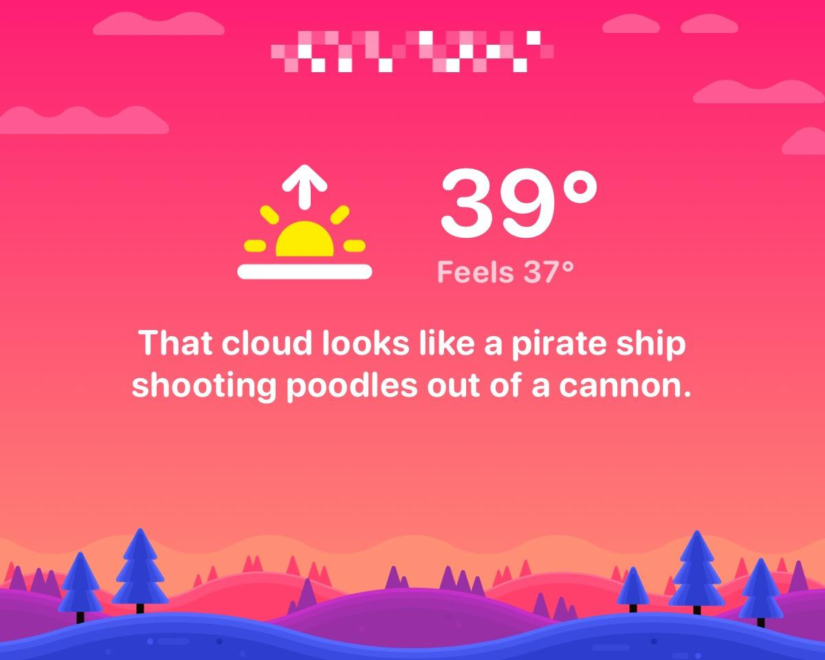 A screenshot of Carrot Weather on my iPhone 16 Pro Max showing that it's 39F.