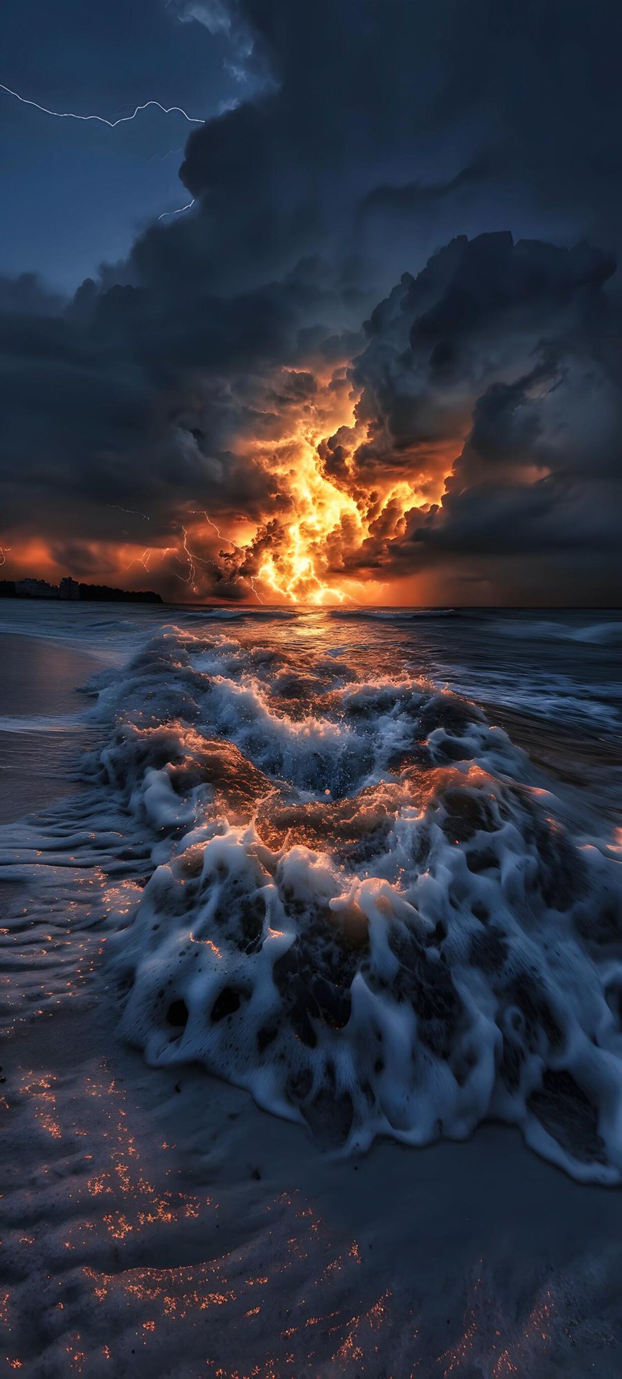 An image of a beach water scene with clouds that look like fire in some ways due to the orange color of the lighting as well as some lightning that's happening up top.