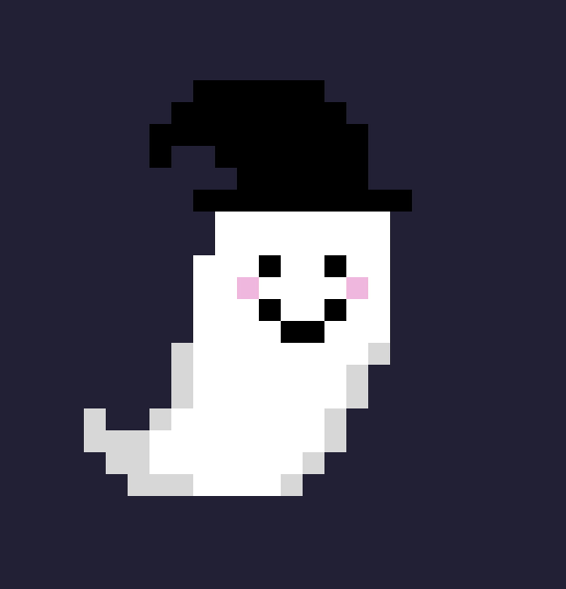 32bit pixel art ghost wearing a black witches hat