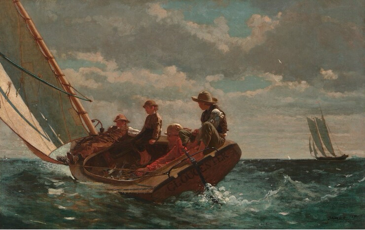 “It is the set of the sails, not the direction of the wind that determines which way we will go.” ~Jim Rohn
#AlphabetChallenge 
#WeekJforJourney

Photo of Winslow Homer's painting, Breezing Up, 1876. In it, a man, his son & a third man set off in a boat with the sail let out to catch the stiff breeze. The sea is choppy green waves, and the sky is mottled blue with clouds. The painting was inspired by the sight of fishermen putting out to sea in Gloucester, MA. National Gallery of Art, Washington, DC