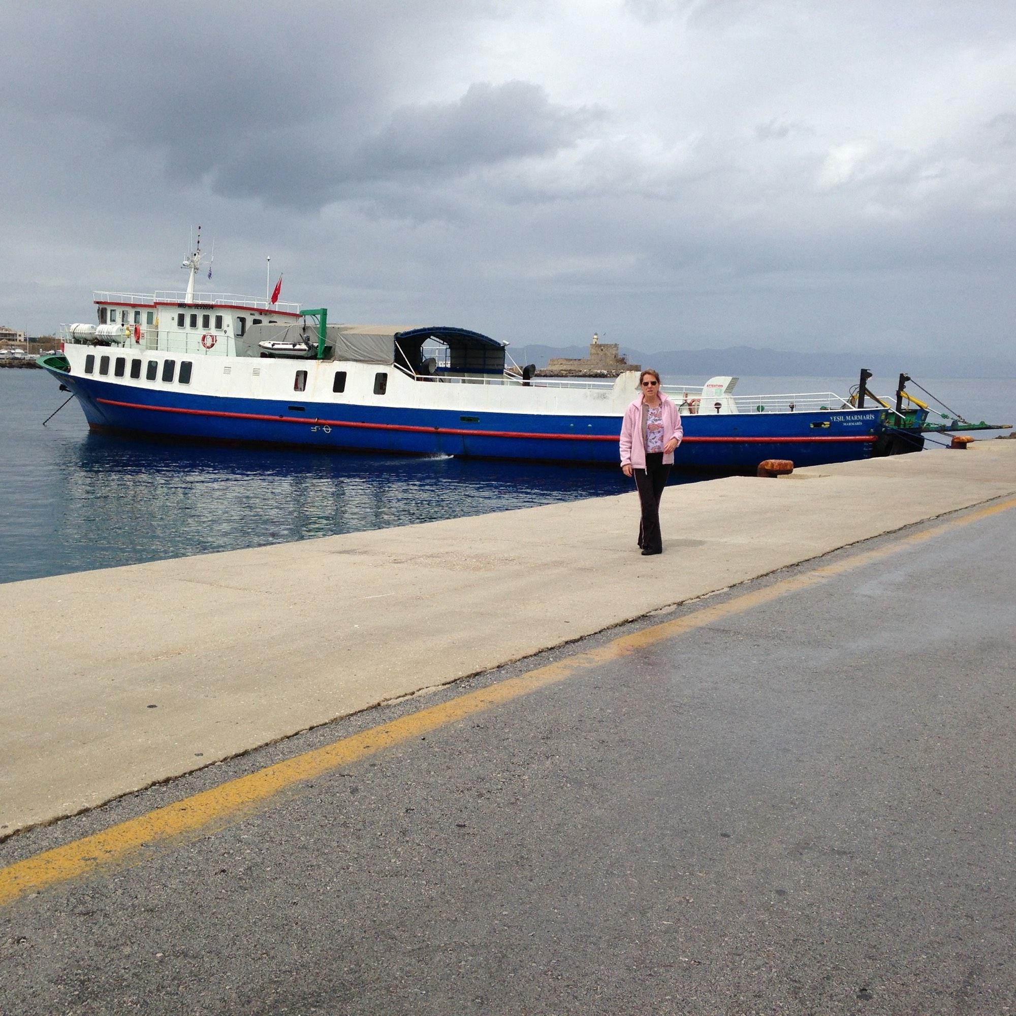 Ferryboat docked in Rhodes harbor is ready to board after 3 days of waiting for the rough seas to calm down enough to make the run over to Marmaris. Not that I minded killing time in the Greek islands, but I had to meet with Turkish lawyers and then pray that the ferry back to Rhodes was still running the next day so I could catch the boat back to Athens and then fly home. Touch & go the whole time. 🇹🇷⛴️🇬🇷 (March 2015)