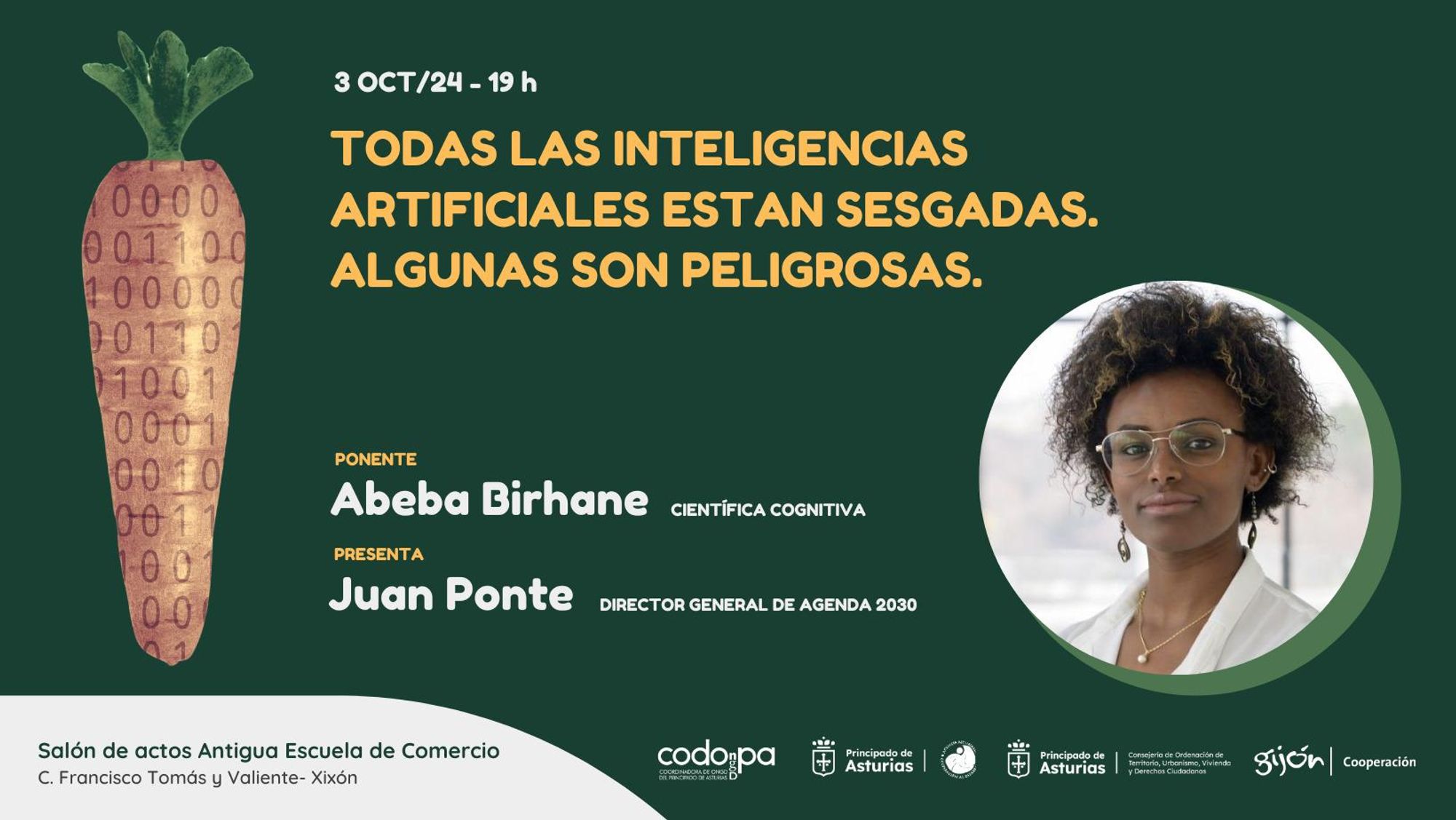 Cartel con una fotografía de Abeba Birhane y la información del encuentro, que puede consultarse en el enlace de este toot.