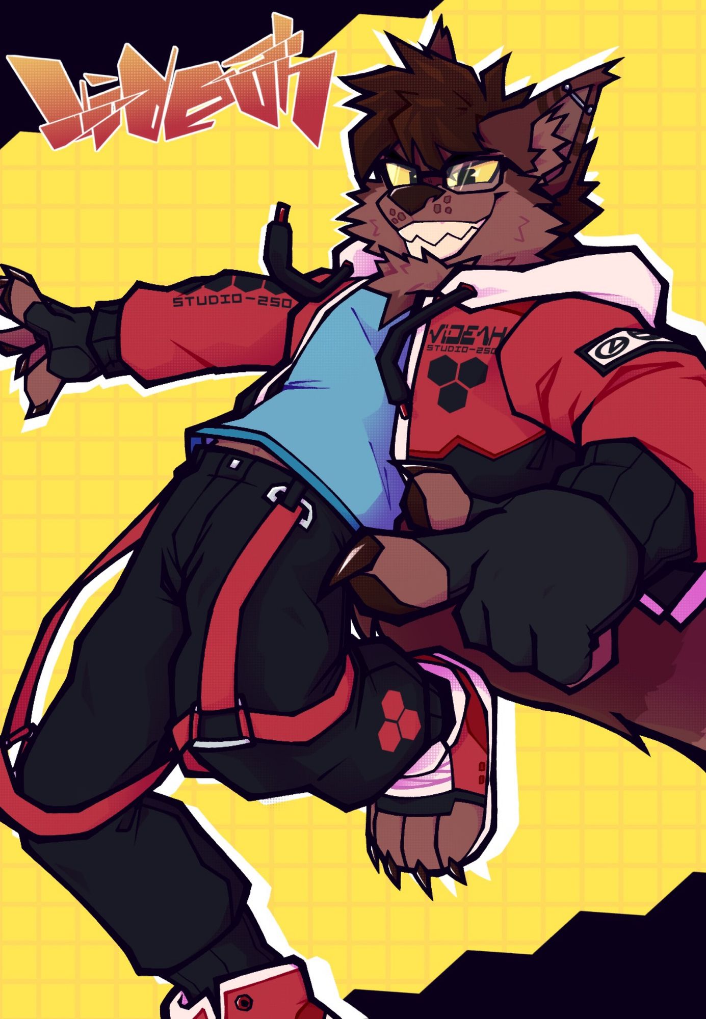 Brown wolf in a cool red jacket and blue shirt, in an action pose and art style reminiscent of Jet Set Radio