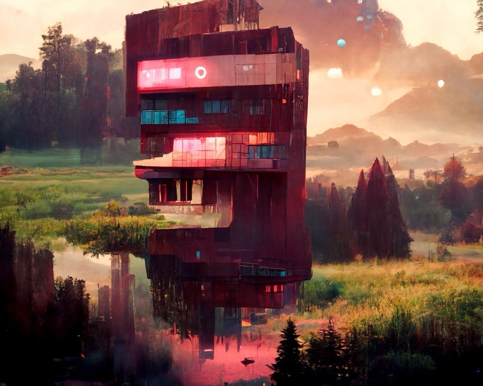 prompt: "a beautiful painting of a building in a serene landscape by Beeple, Trending on artstation." generated with Disco Diffusion