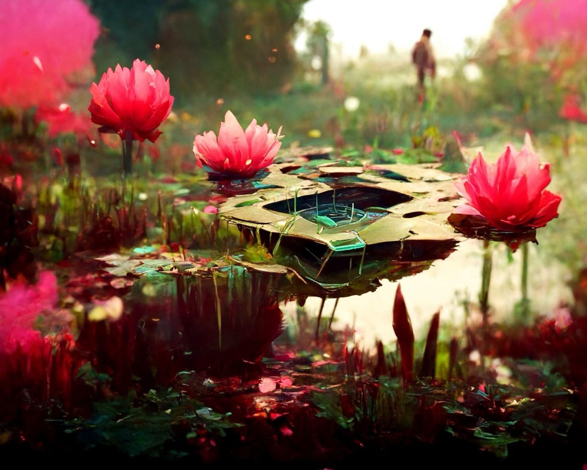 prompt: "a beautiful painting of a waterlily pond by Beeple, Trending on artstation." generated with Disco Diffusion