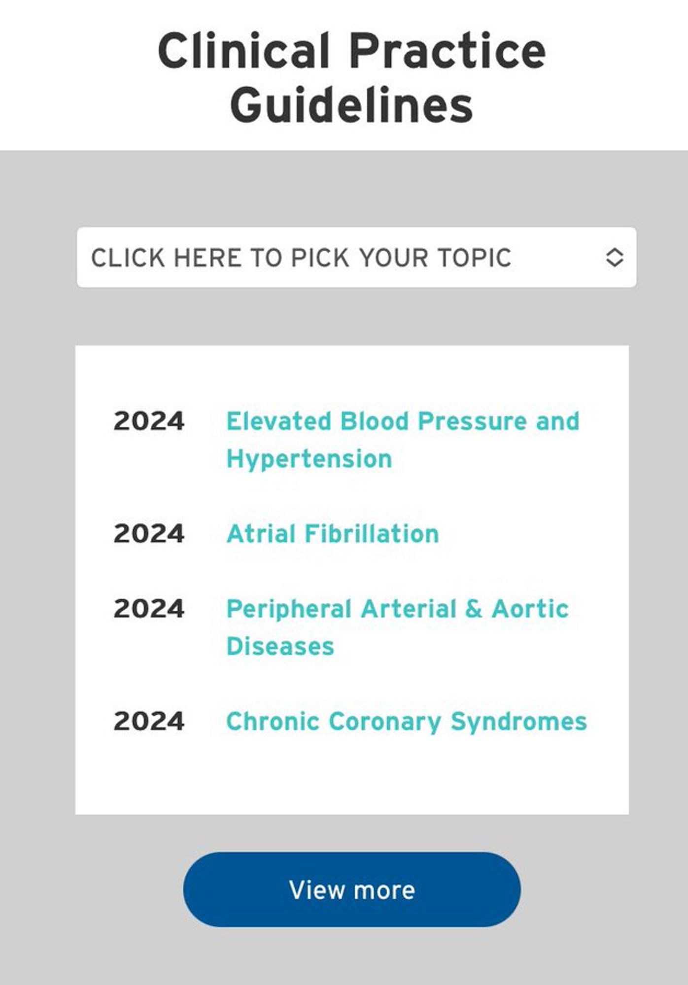 Screenshot of European Society of Cardiology Guidelines page showing 2024 updates for Hypertension, Atrial Fibrillation, Peripheral Arterial Disease and Chronic Coronary Syndrome