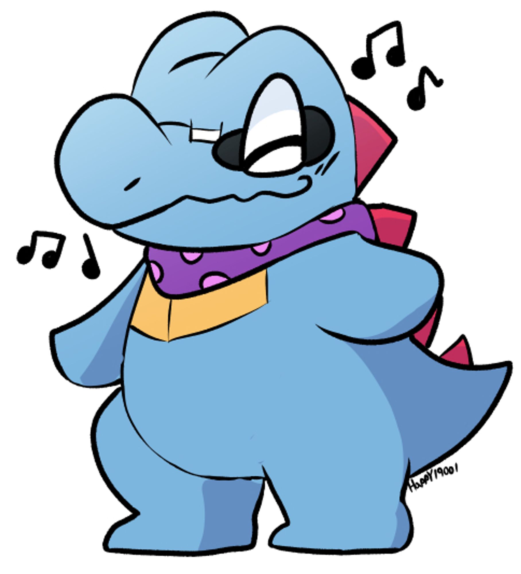 A Totodile OC standing happily with music notes doodled around them.