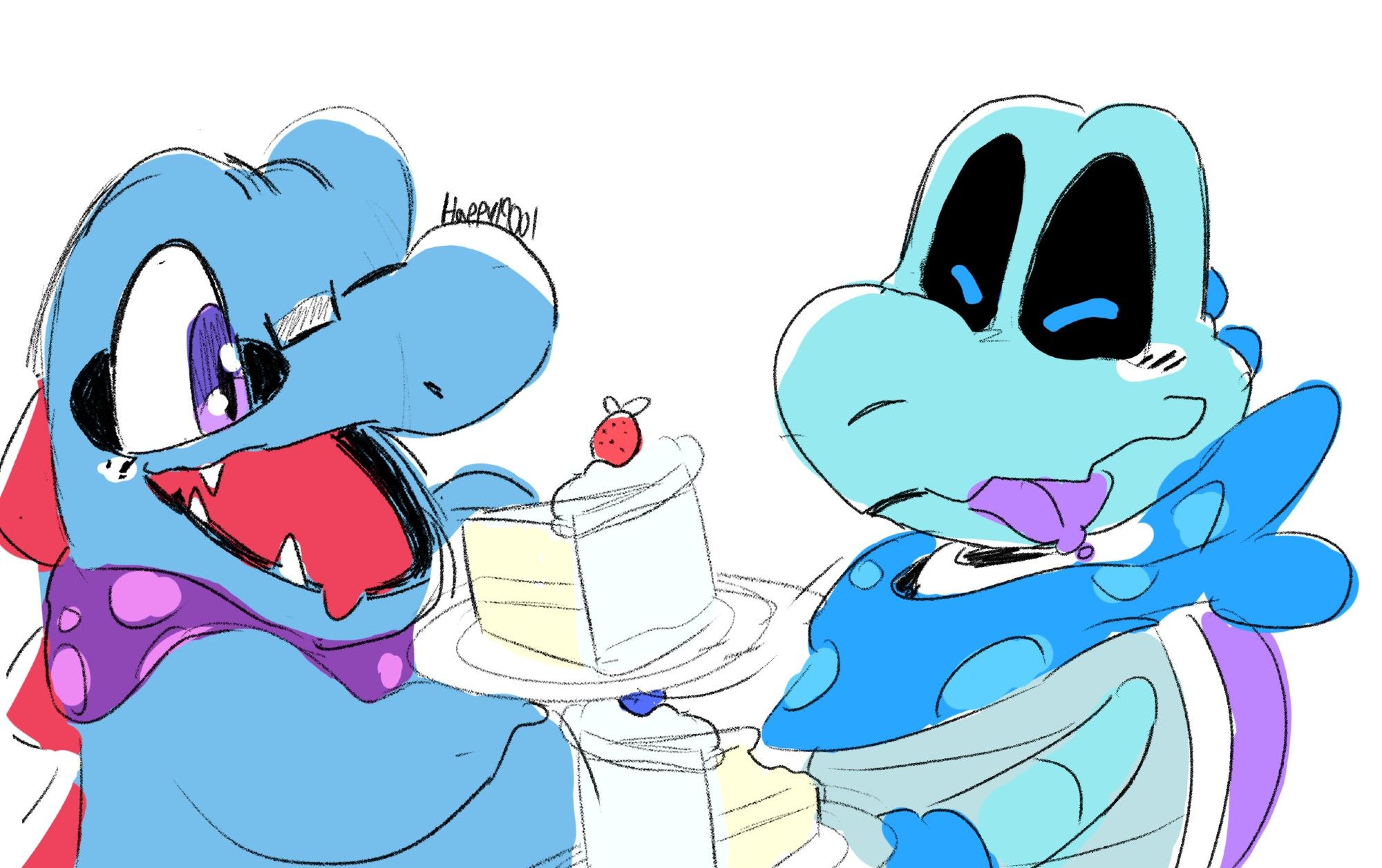 A Totodile original character with a Dry Bones original character eating cake together and celebrating a birthday.