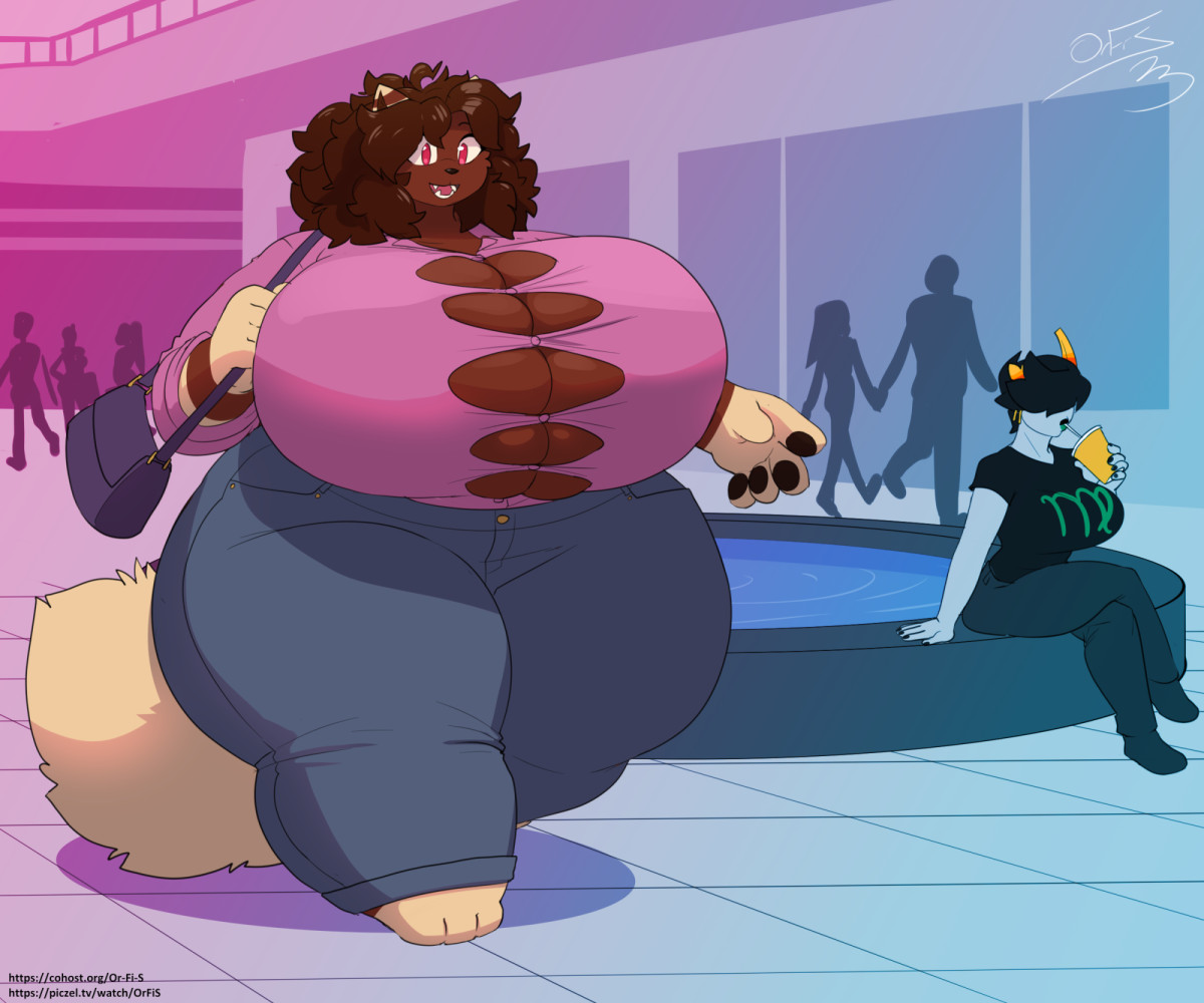 An anthro cat with huge tits walking through a mall, as her button up shirt barely holds on. The shirt pops open, revealing her tits to everyone