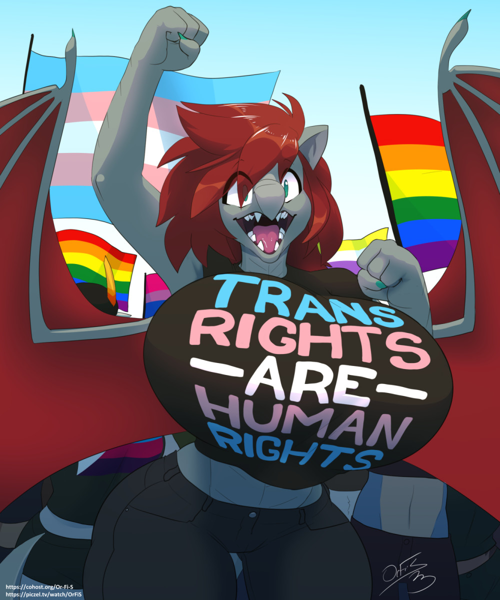 A busty anthro dragon standing in a crown with pride flags in the background. the dragon is wearing a "Trans Rights Are Human Rights" shirt