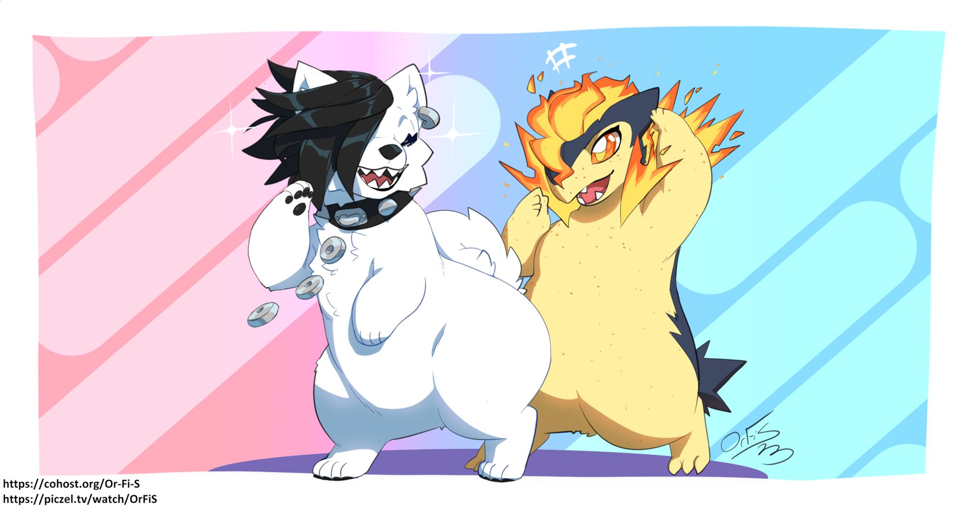 a samoyed and typhlosion dancing