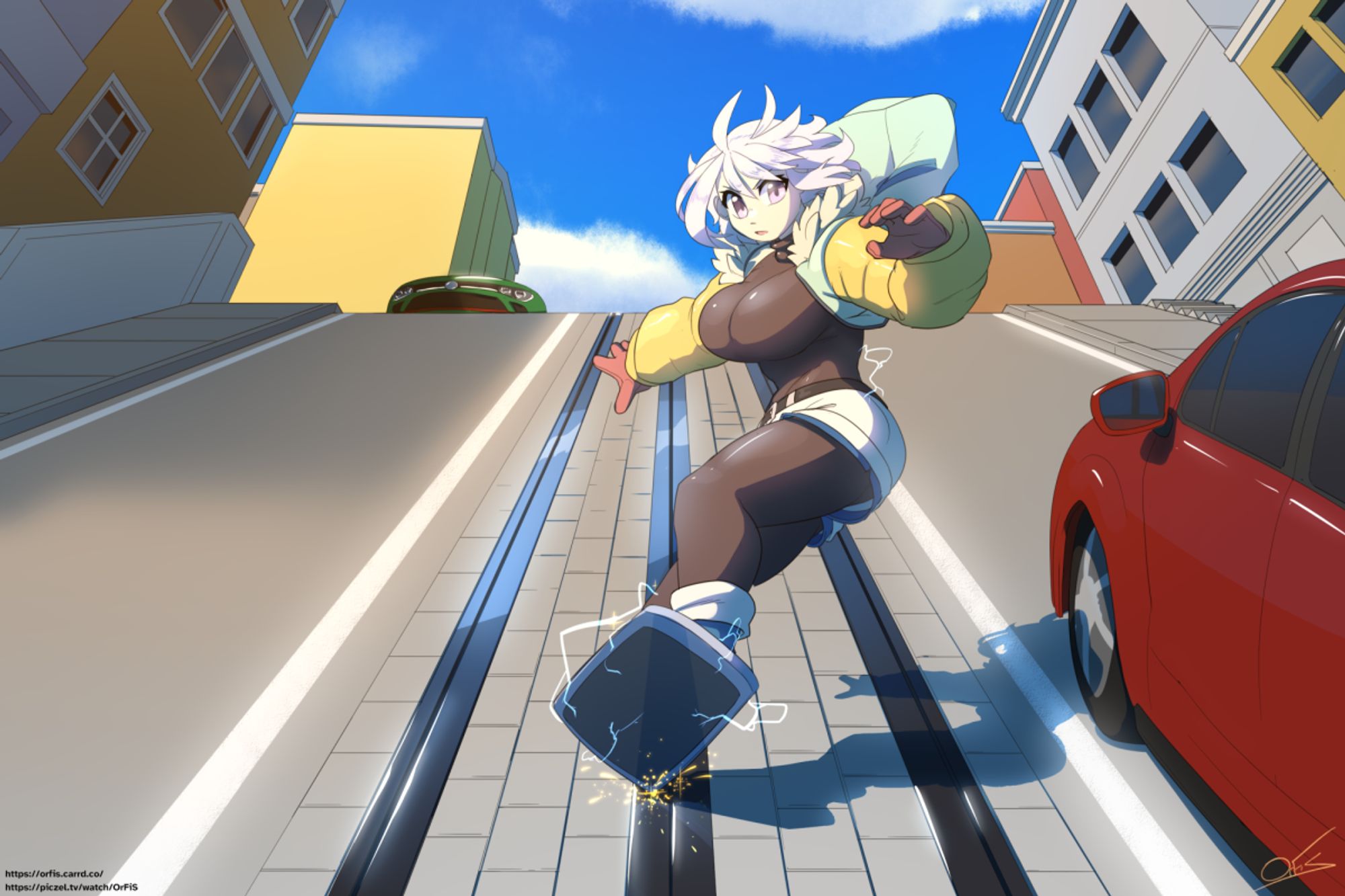 a lavender haired busty boy snowboarding down a steep hill street, board sparking on the trolley rails.