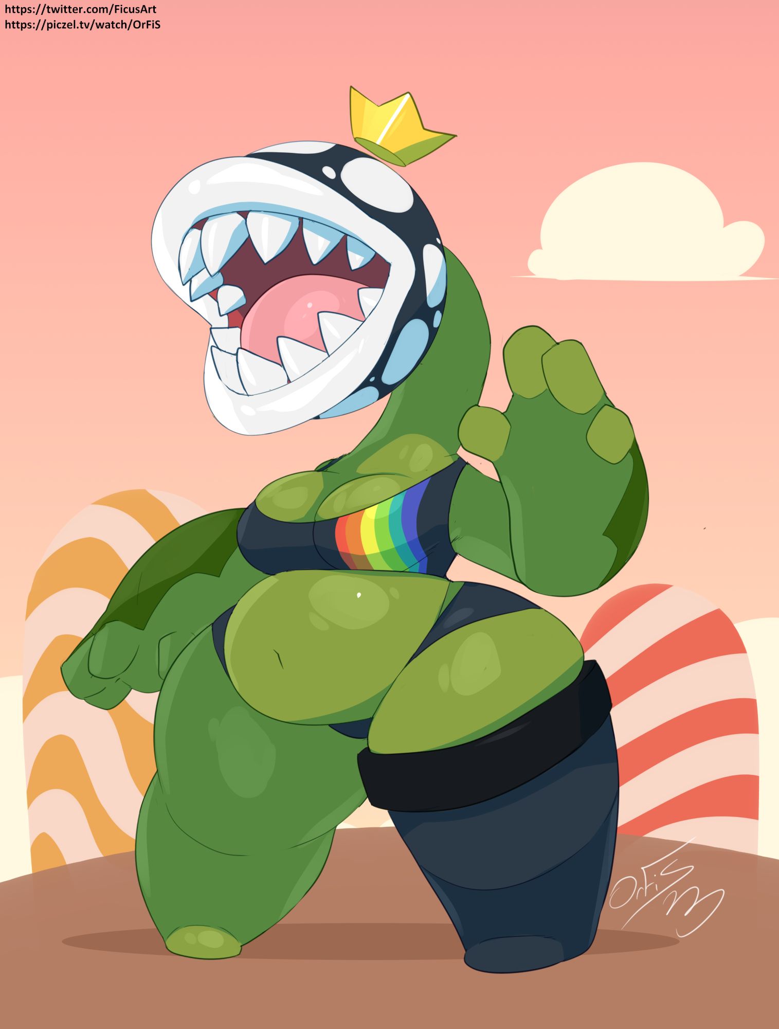 an anthro piranha plant waving at the camera. they have a gay pride sports bra, gold crown, and pipe sock on one leg.