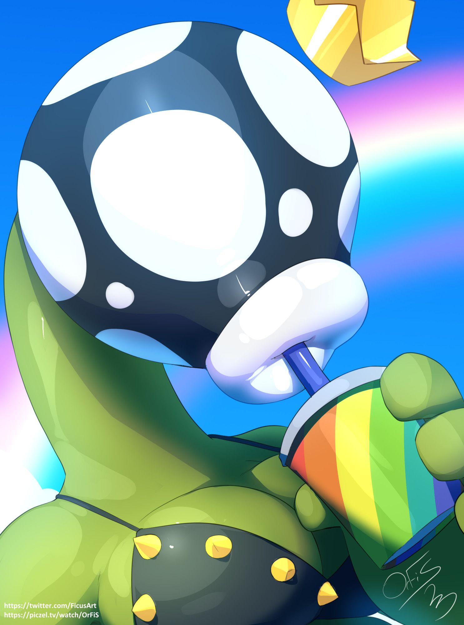 an anthro piranha plant sipping from a gay pride cup,. they're wearing a gold studded black bikini, and gold crown.