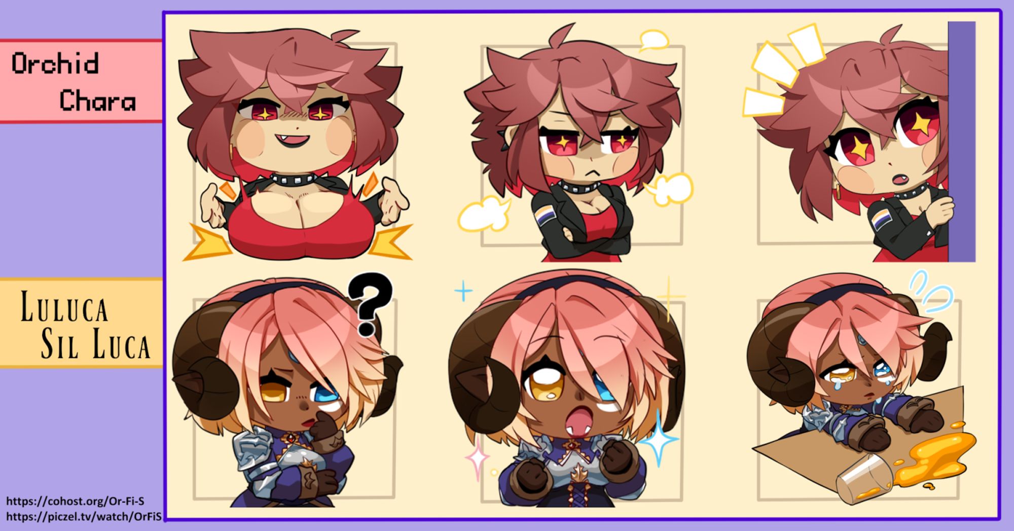 a set of emoji/stickers. the top three are orchid chara dropping its tits smugly, pouting angrily, and peeking curiously around a corner. The latter three are Luluca Sil Luca thinking hard, getting excited, and crying over spilled orange juice