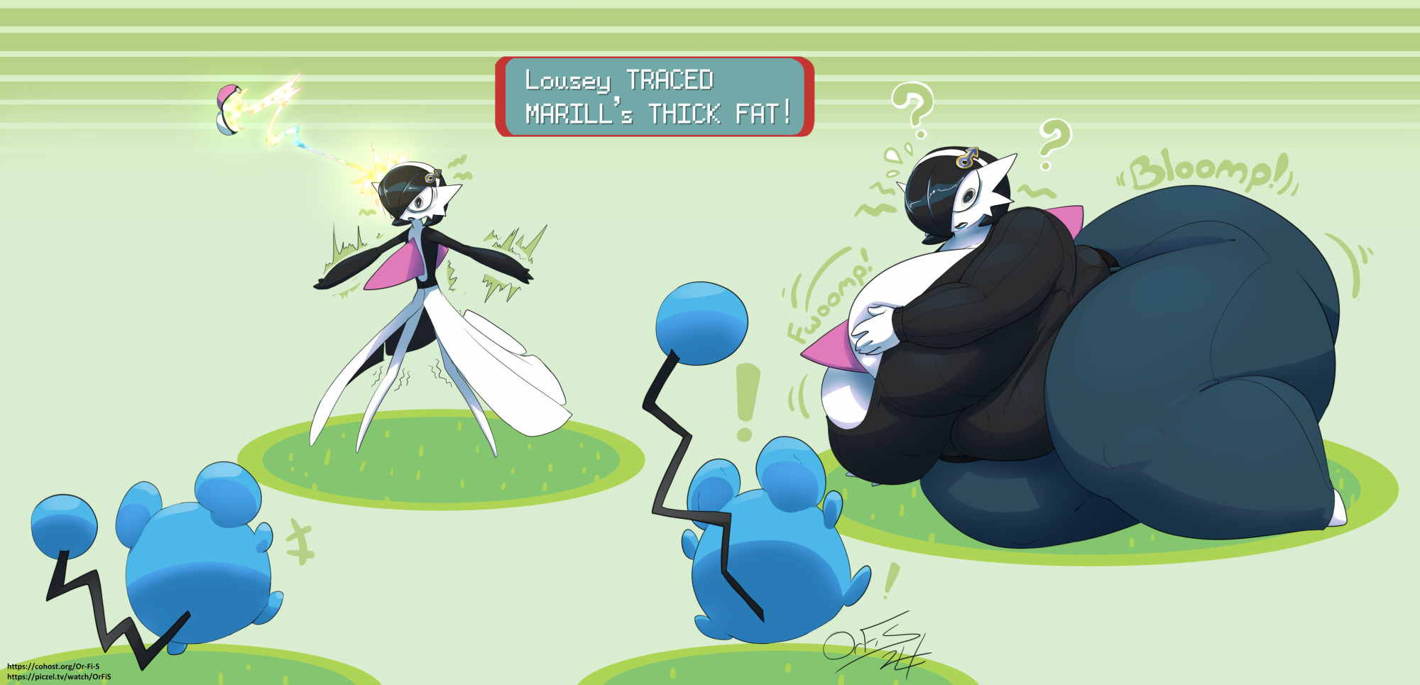 a black and white gardevoir is sent into battle against a marill. a notification pops up, saying "Lousey TRACED MARILL's THICK FAT!", and the gardevoir blimps up into a big fat busty boy, now wearing a sweater and jeans.