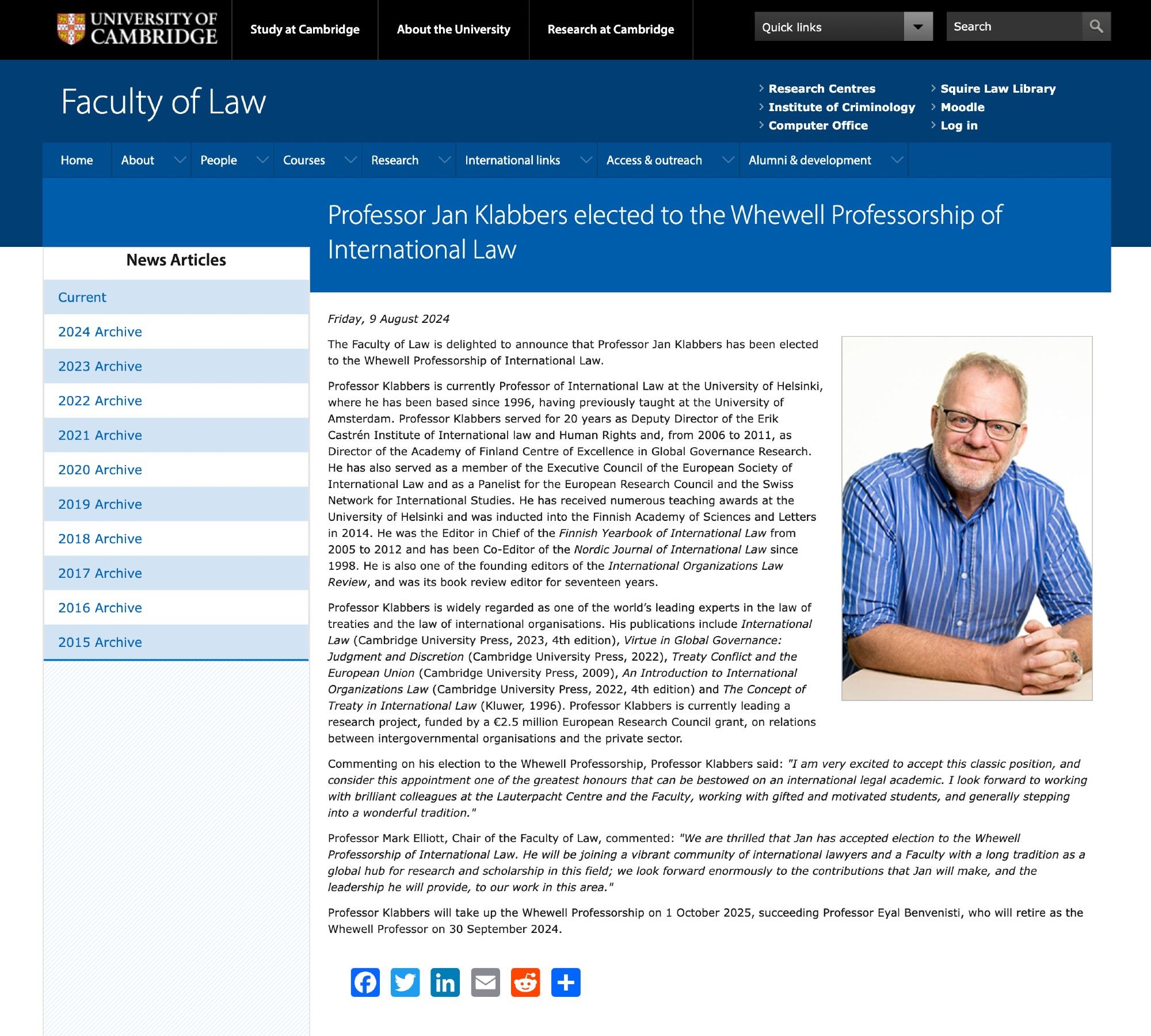 Screenshot of Faculty of Law announcement of Professor Jan Klabbers' appointment to the Whewell Professorship of International Law.