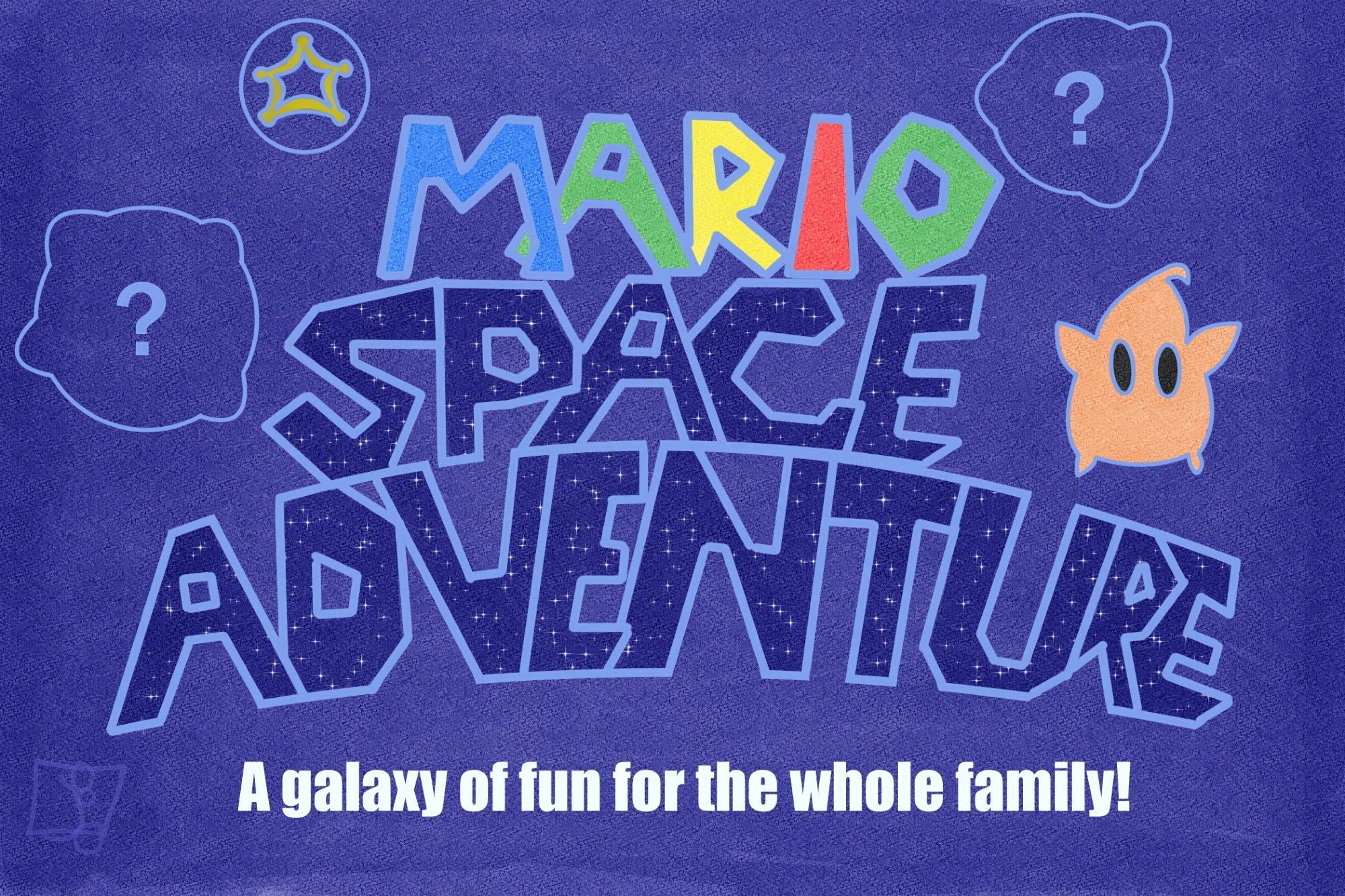 Mario Space Adventure. A watercolor postcard for the exciting but fictional summer getaway. Bearing the inscription "Mario Space Adventure: A galaxy of fun for the whole family!" A Luma, warpstar, and two mysterious planetoids entice the viewer to dream of their summer of fun at the space park.