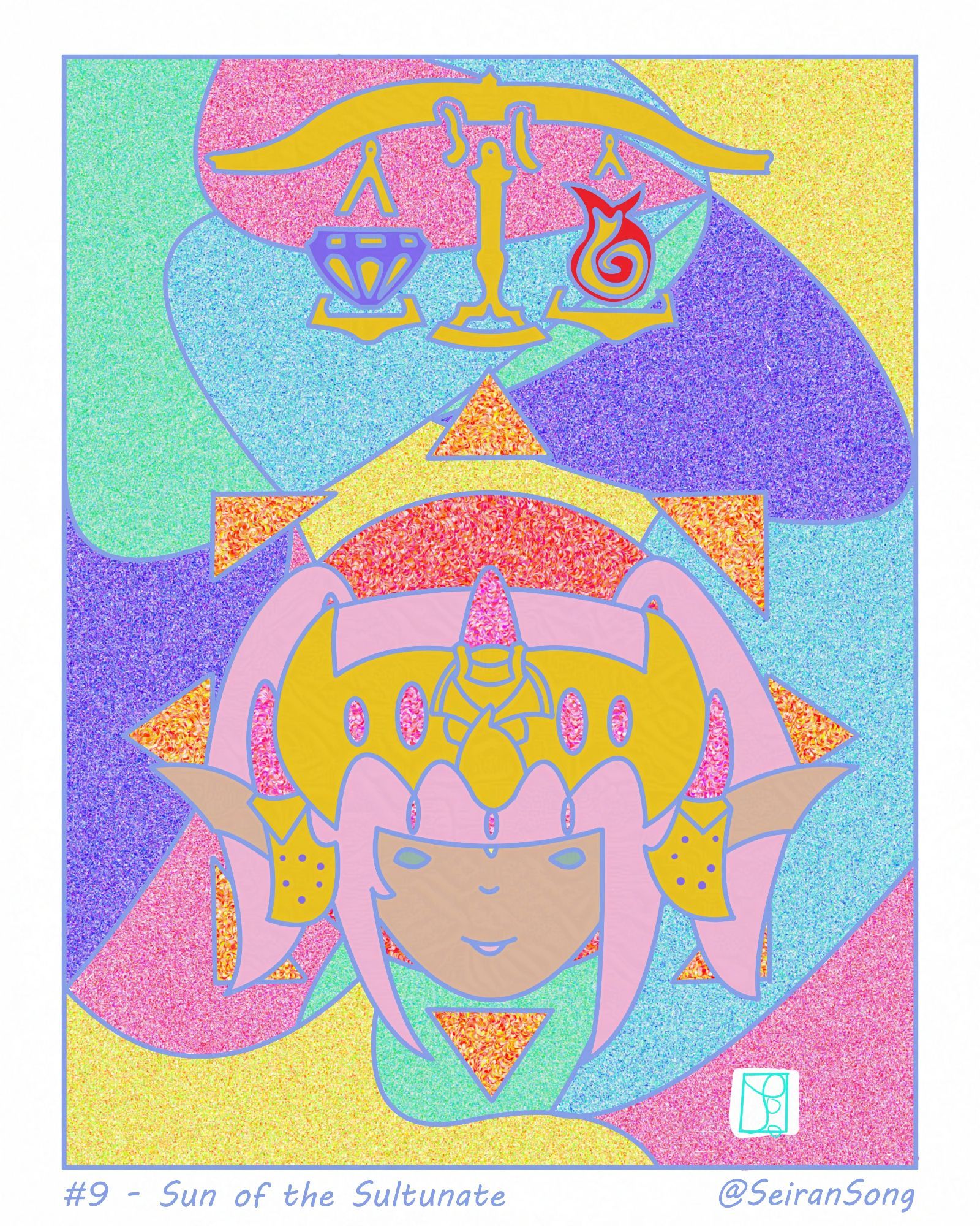 #9 - Sun of the Sultanate. A stained-glass of Nanamo Ul Namo, much-beloved ruler of Ul'dah in the highly acclaimed Final Fantasy XIV. Above her resides the emblem of Ul'dah, and behind her burns a sun.