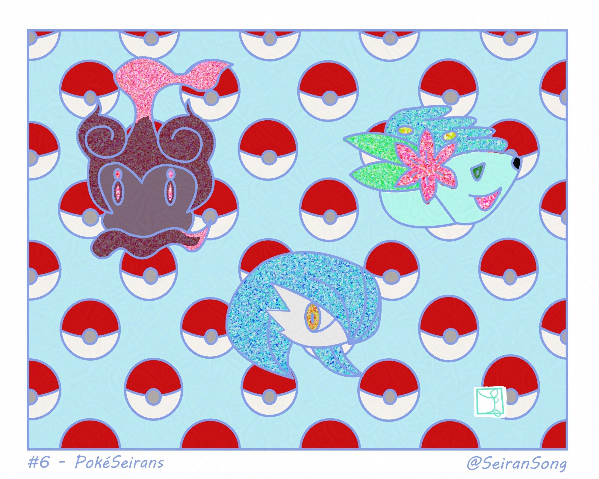 #6 - PokéSeirans. A stained-glass of the "shiny" Pokémon that would suit each of the Seirans, two of which are hypothetical as shinies do not currently exist for them. There's a blue Gardevoire, a pink Marshadow, and a mint Shayman. Pokeballs line the background.