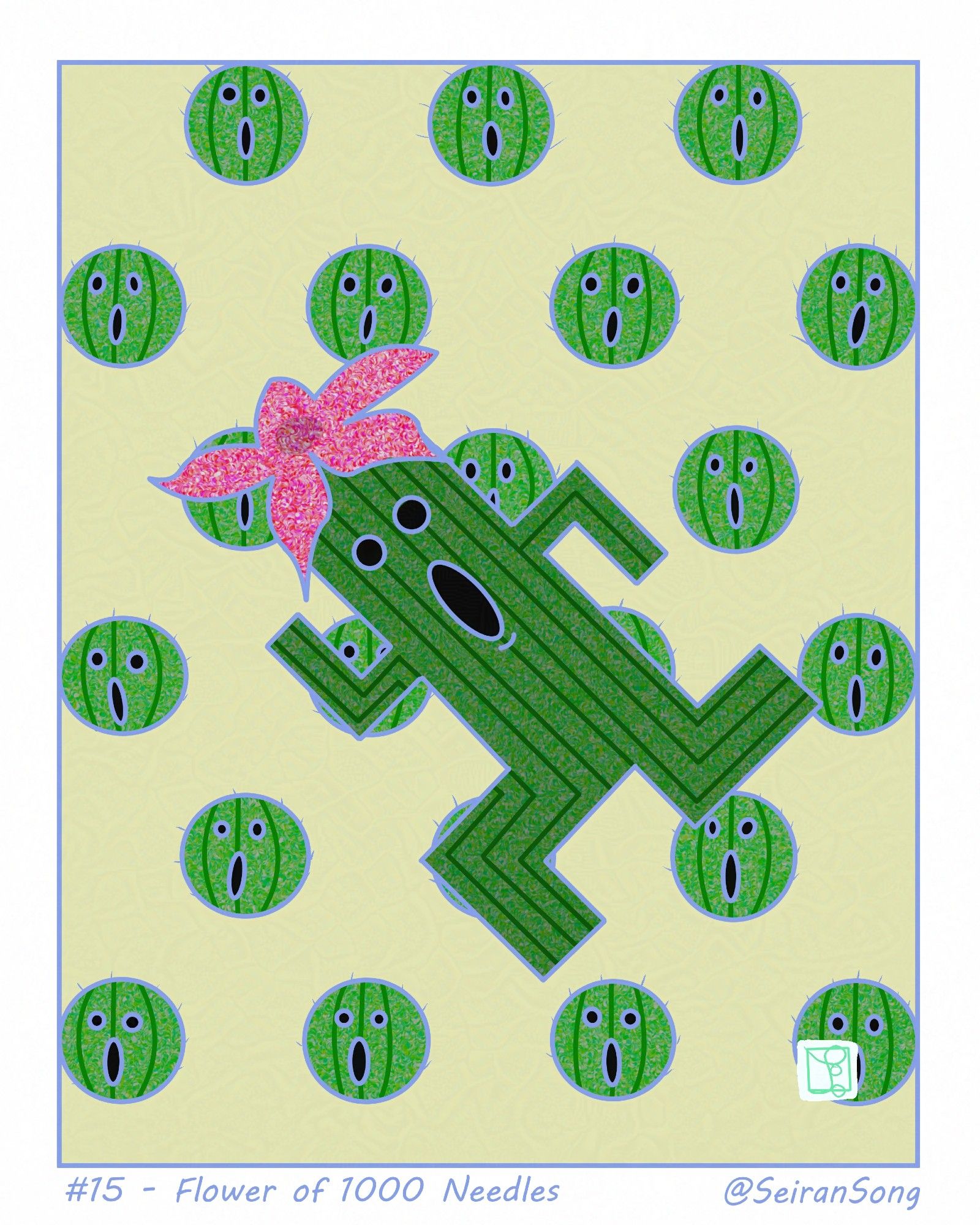 #15 - Flower of 1000 Needles. A stained-glass of a flowering cactuar on a dusty desert field. What I imagined baby cactuars being like, tiny cactus balls, dance across the background.